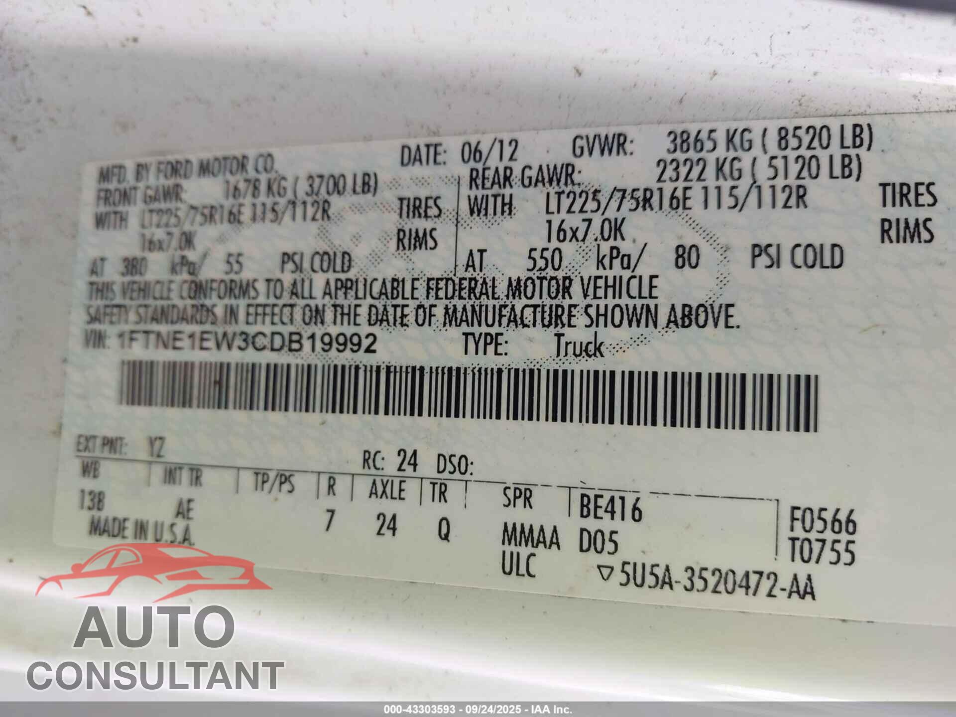 FORD E-150 2012 - 1FTNE1EW3CDB19992