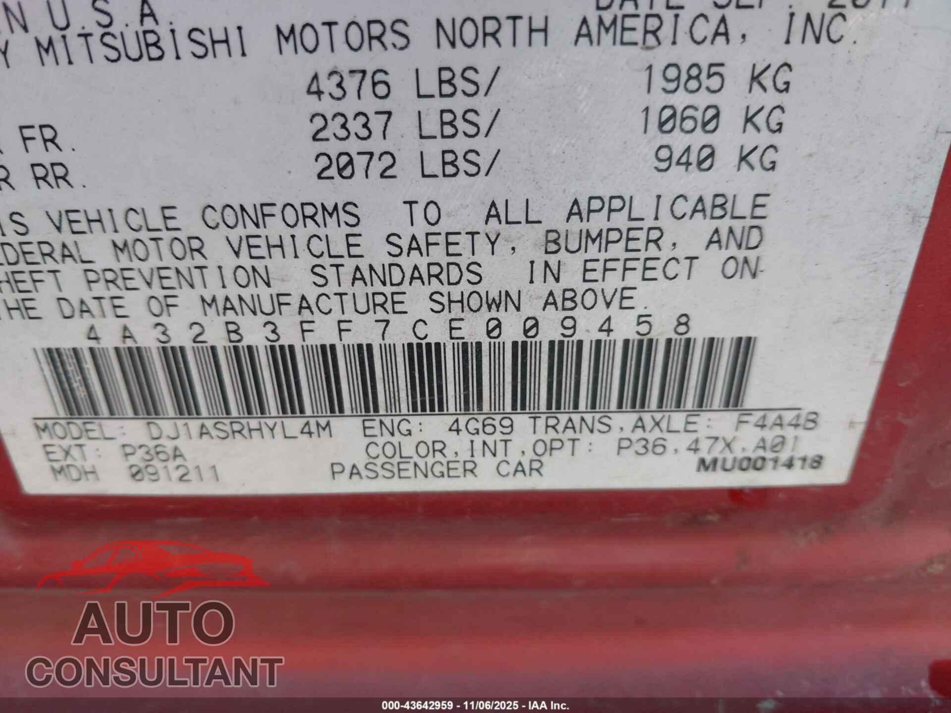 MITSUBISHI GALANT 2012 - 4A32B3FF7CE009458