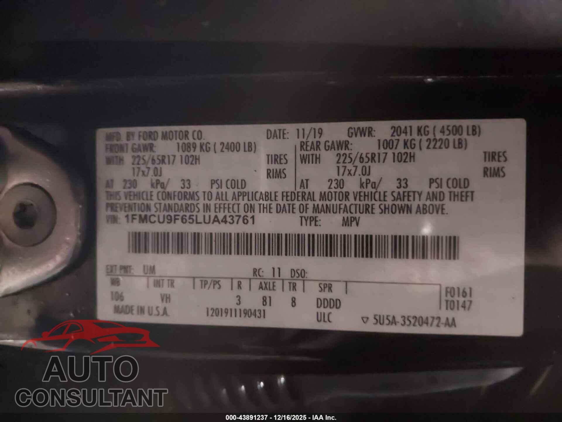 FORD ESCAPE 2020 - 1FMCU9F65LUA43761