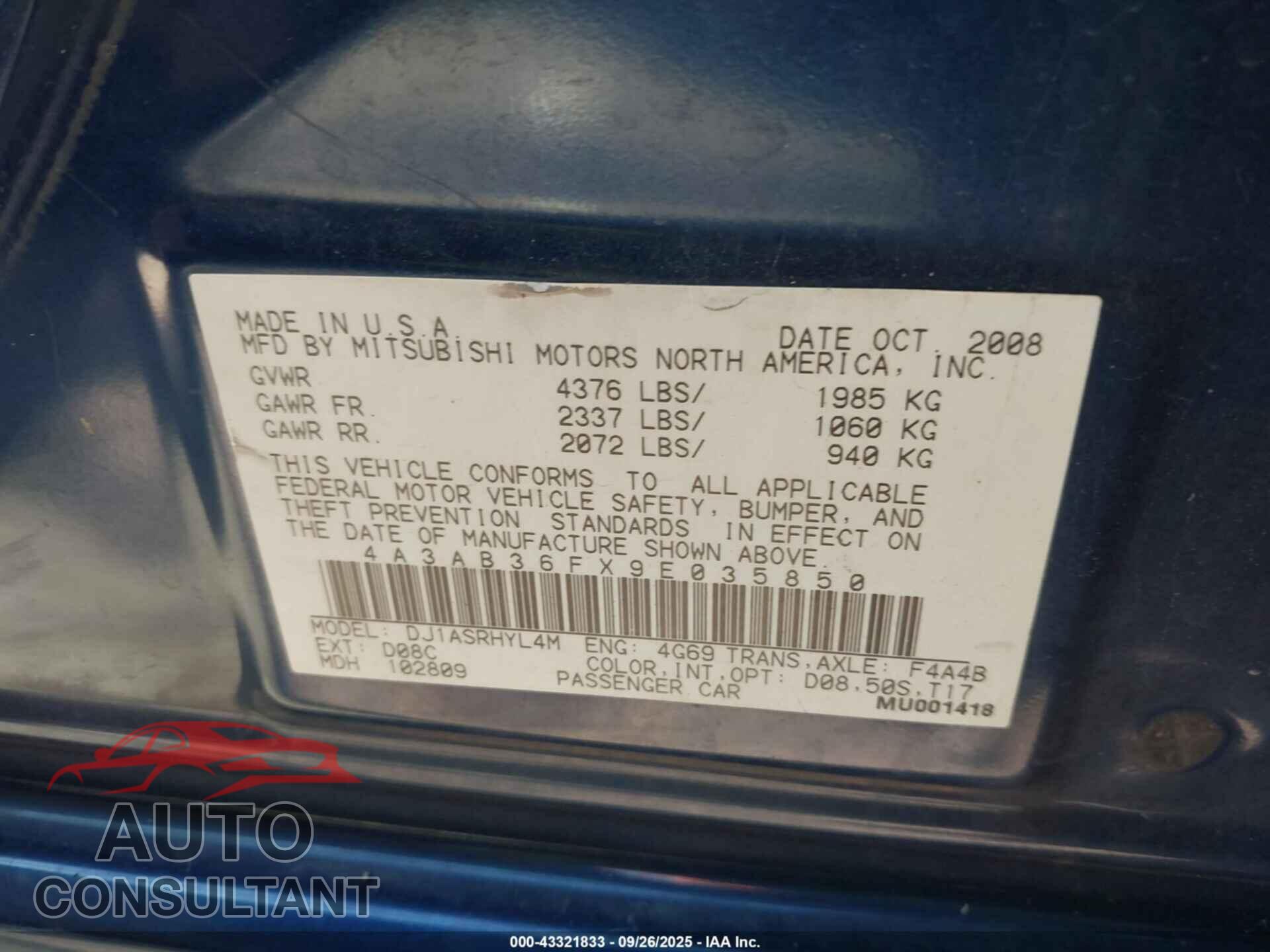MITSUBISHI GALANT 2009 - 4A3AB36FX9E035850