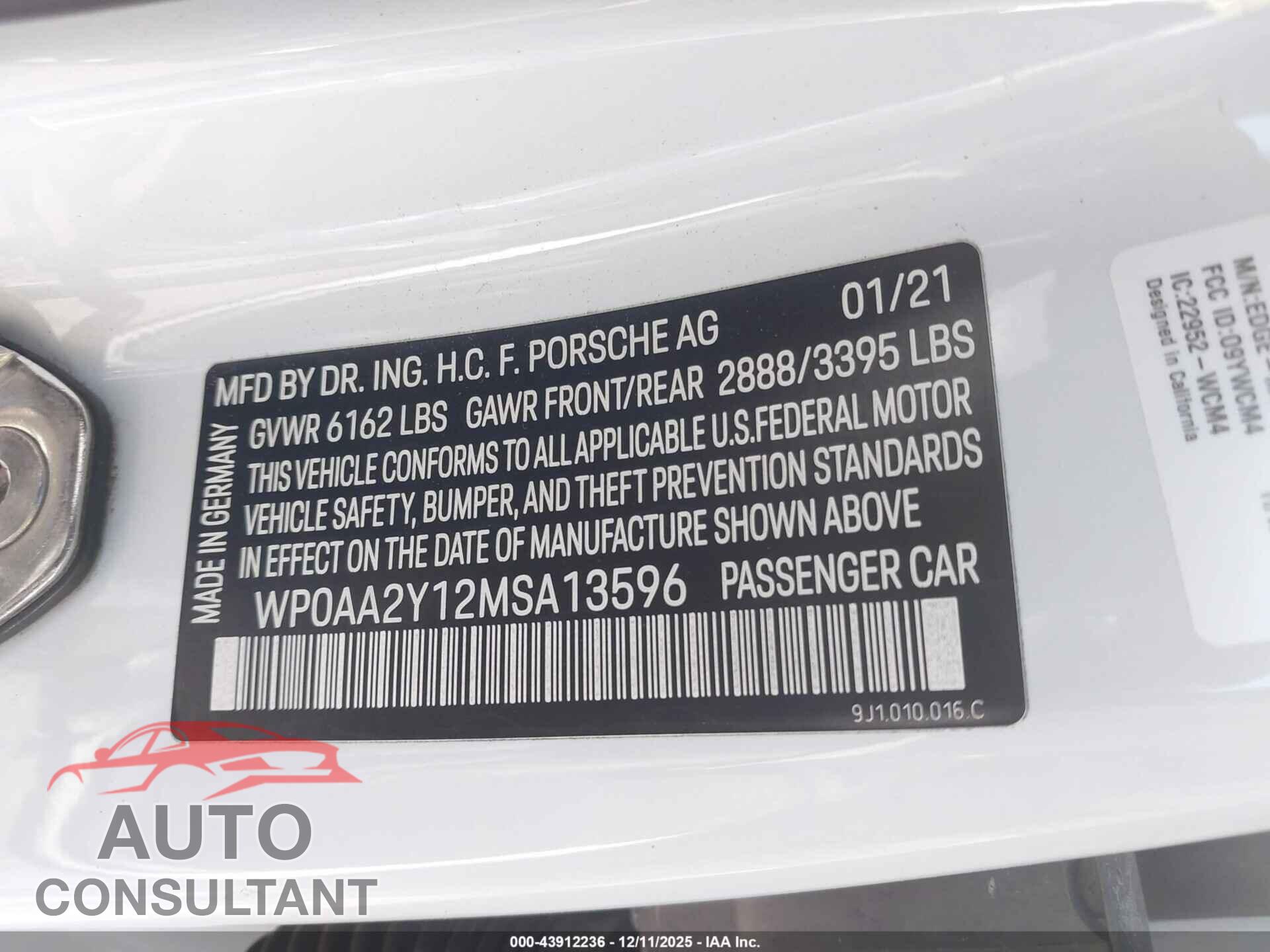 PORSCHE TAYCAN 2021 - WP0AA2Y12MSA13596