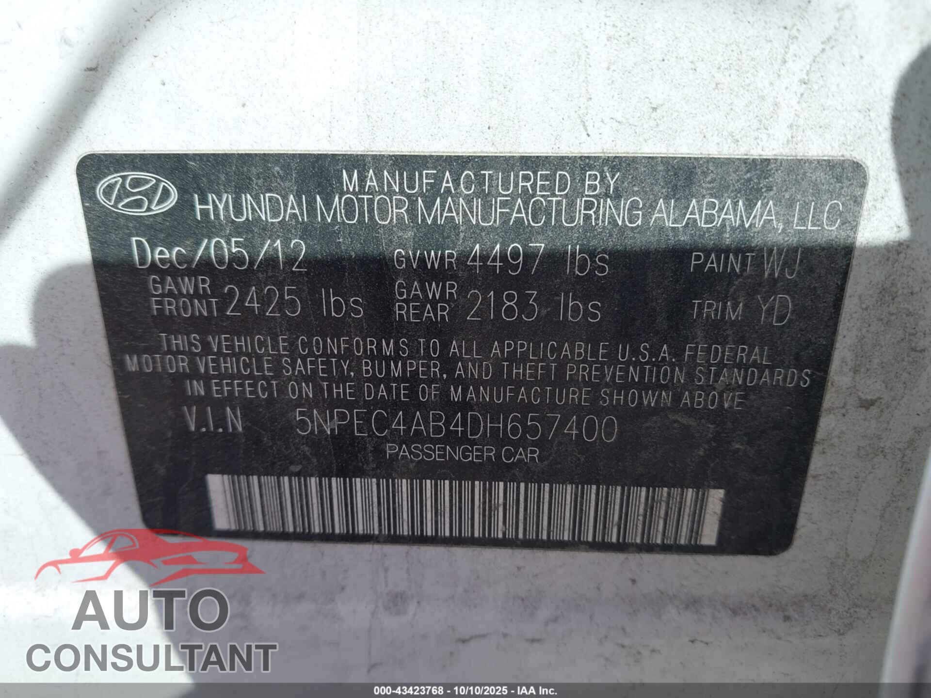 HYUNDAI SONATA 2013 - 5NPEC4AB4DH657400