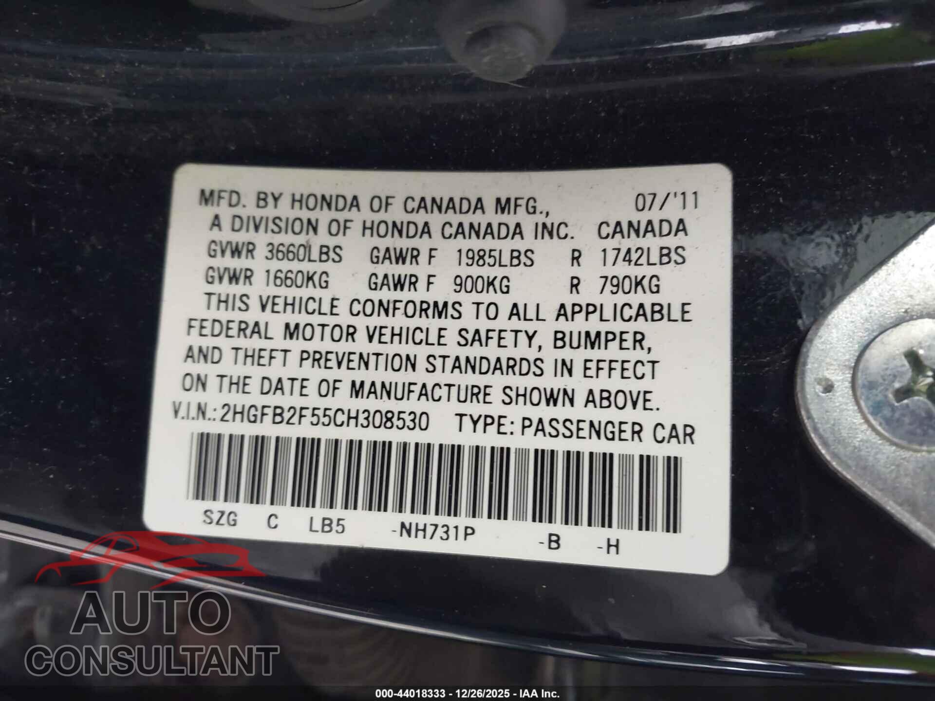 HONDA CIVIC 2012 - 2HGFB2F55CH308530