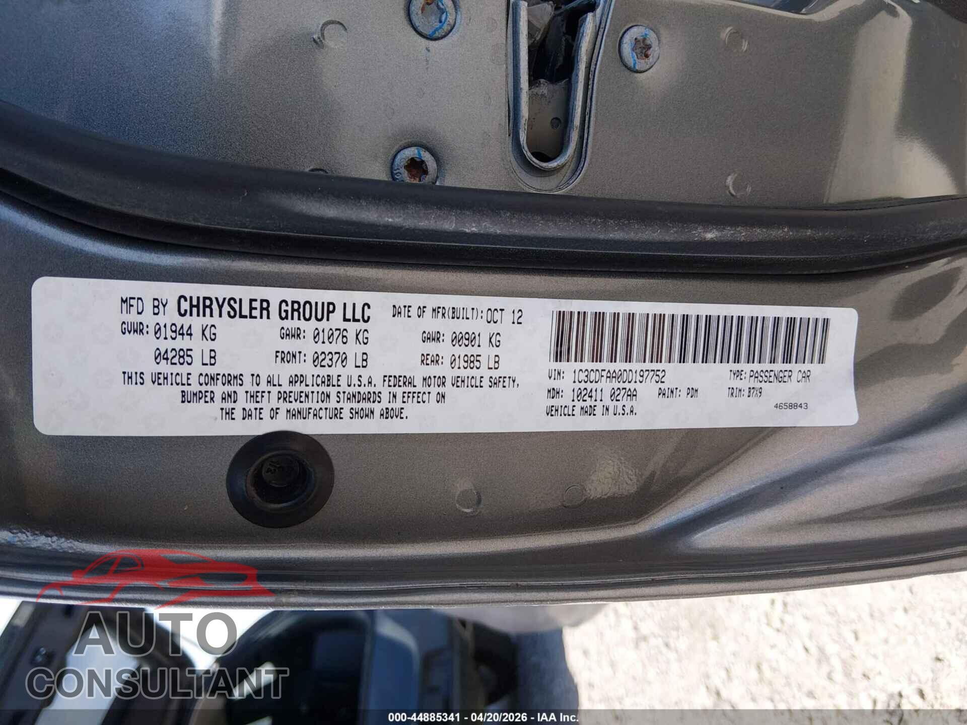 DODGE DART 2013 - 1C3CDFAA0DD197752