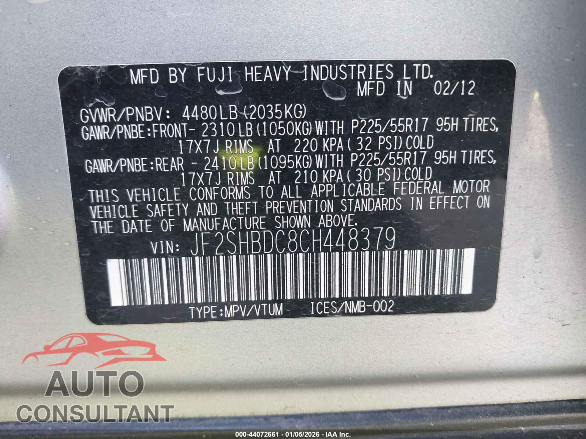 SUBARU FORESTER 2012 - JF2SHBDC8CH448379