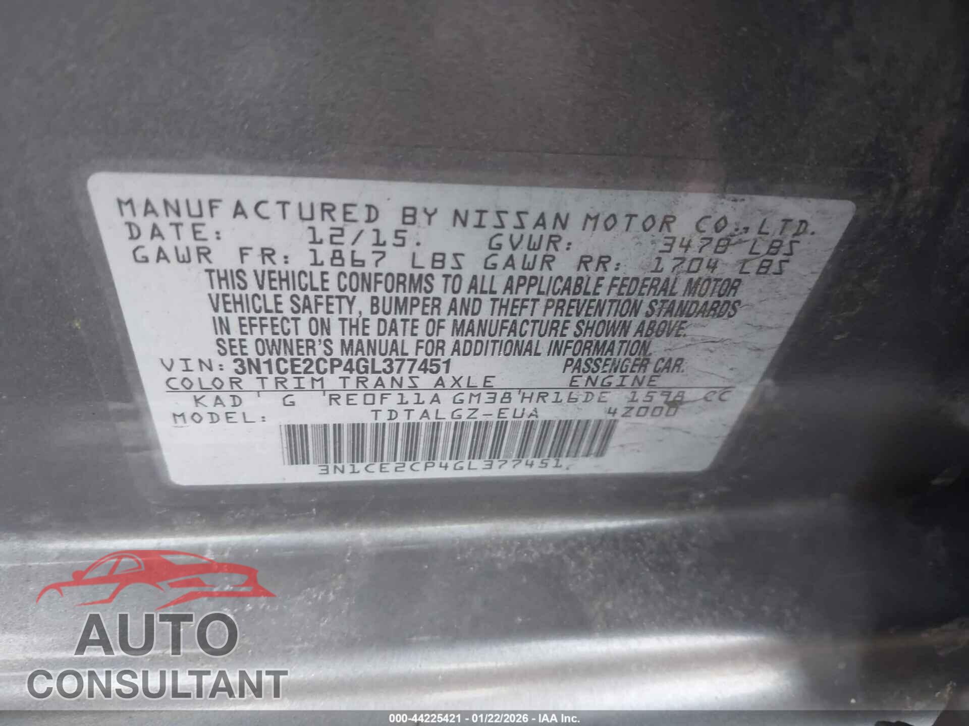 NISSAN VERSA NOTE 2016 - 3N1CE2CP4GL377451