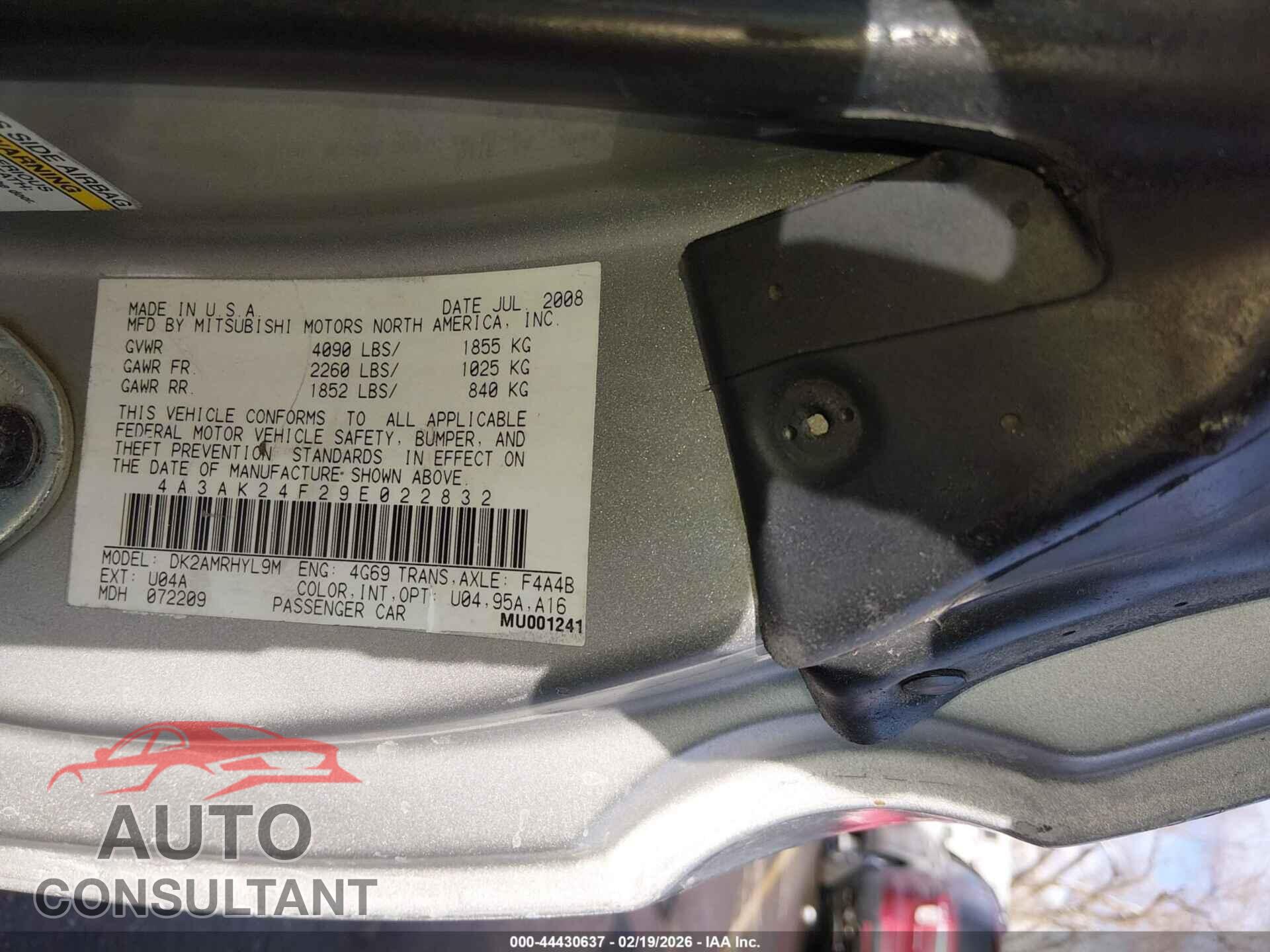 MITSUBISHI ECLIPSE 2009 - 4A3AK24F29E022832