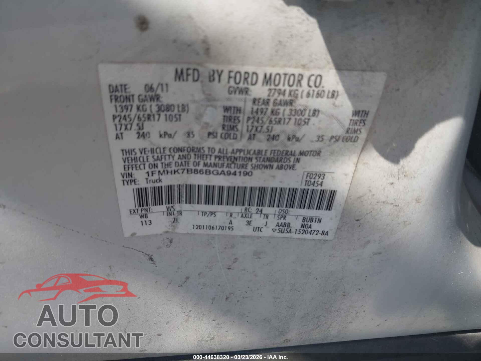 FORD EXPLORER 2011 - 1FMHK7B86BGA94190