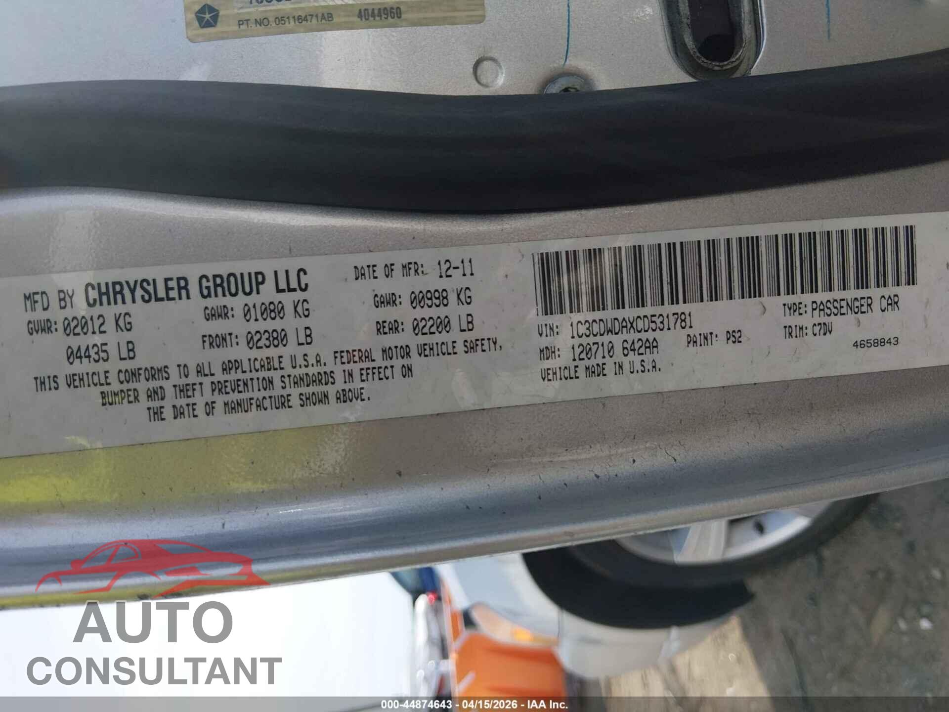 DODGE CALIBER 2012 - 1C3CDWDAXCD531781