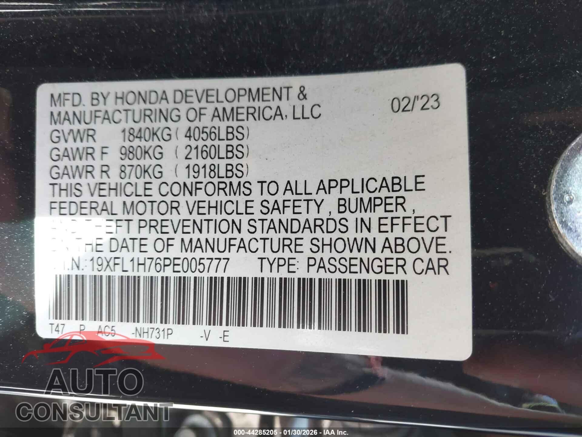 HONDA CIVIC 2023 - 19XFL1H76PE005777