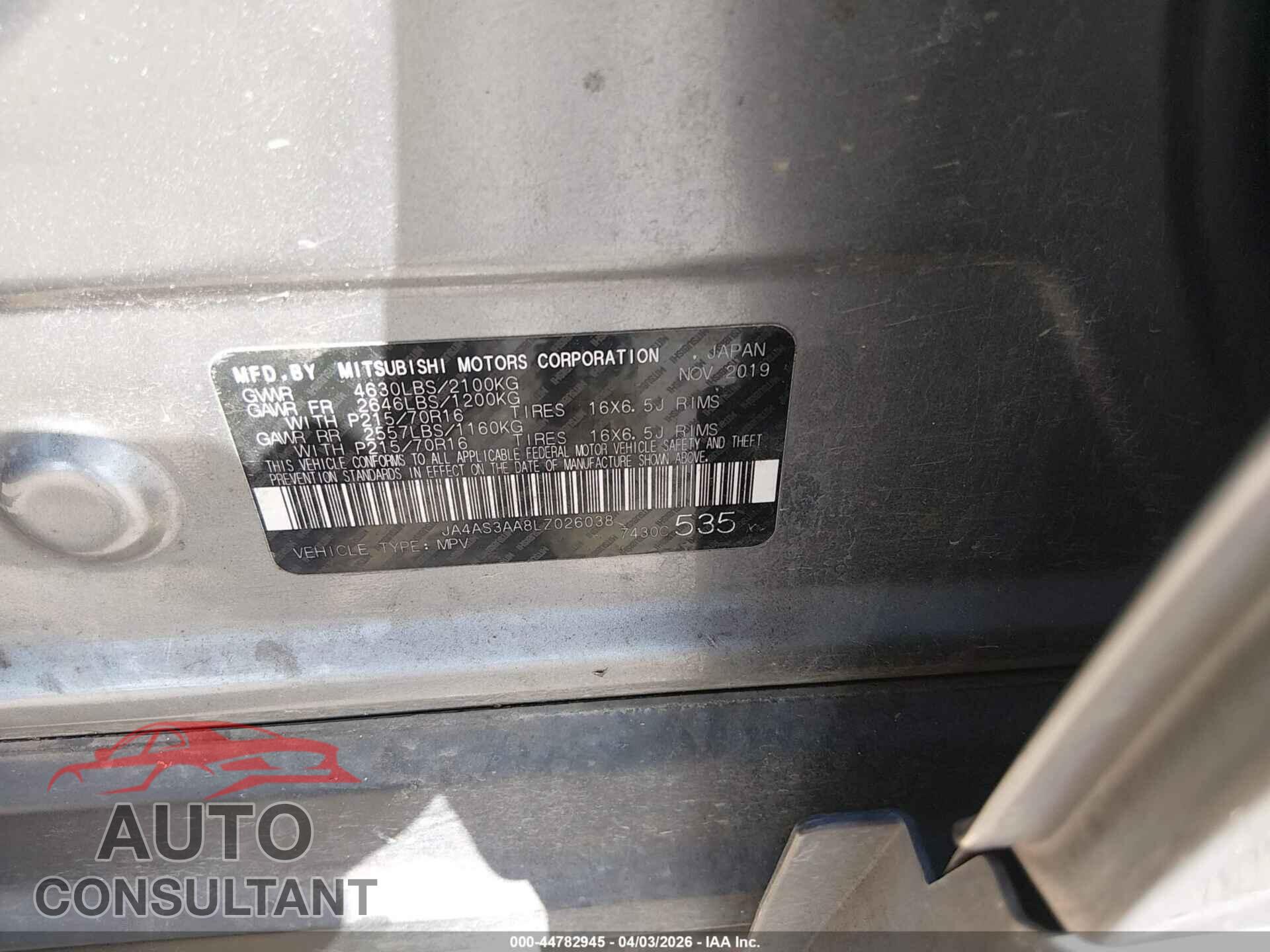 MITSUBISHI ECLIPSE CROSS 2020 - JA4AS3AA8LZ026038
