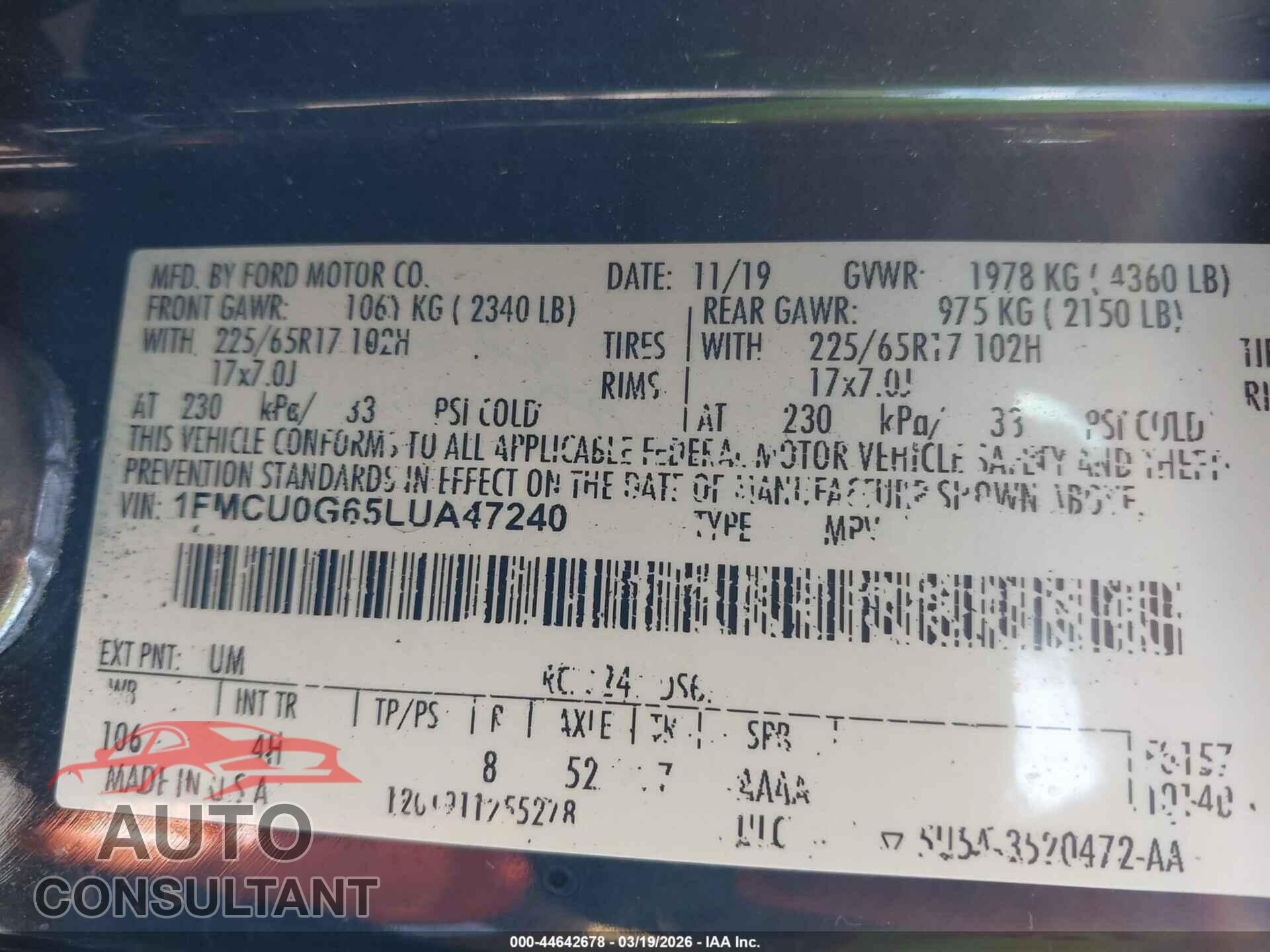 FORD ESCAPE 2020 - 1FMCU0G65LUA47240