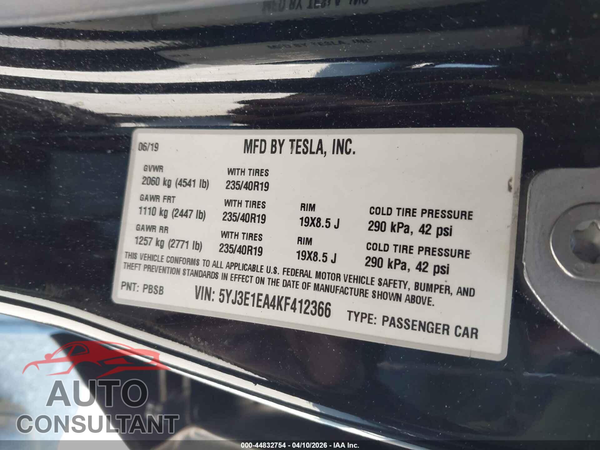 TESLA MODEL 3 2019 - 5YJ3E1EA4KF412366
