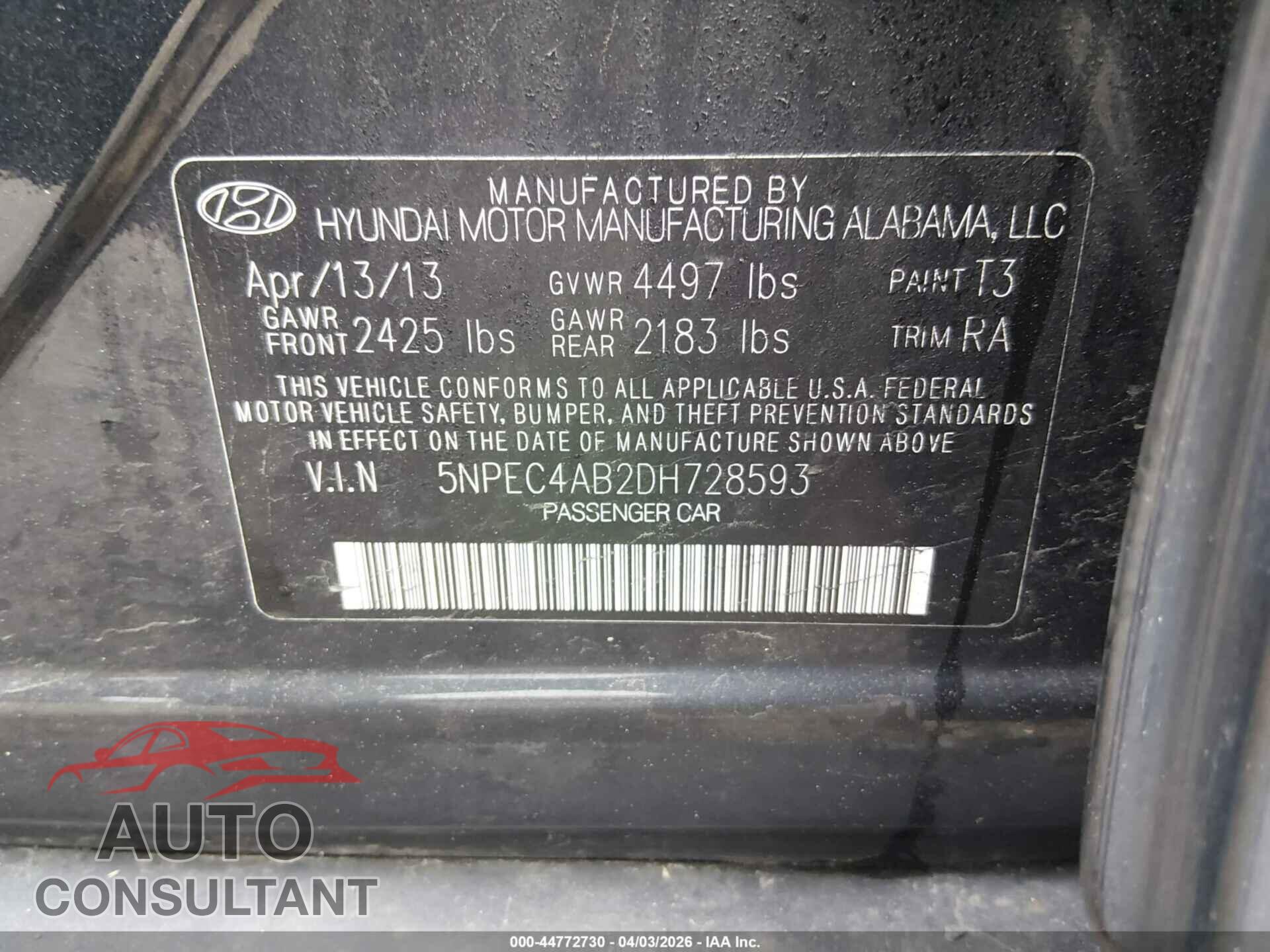 HYUNDAI SONATA 2013 - 5NPEC4AB2DH728593