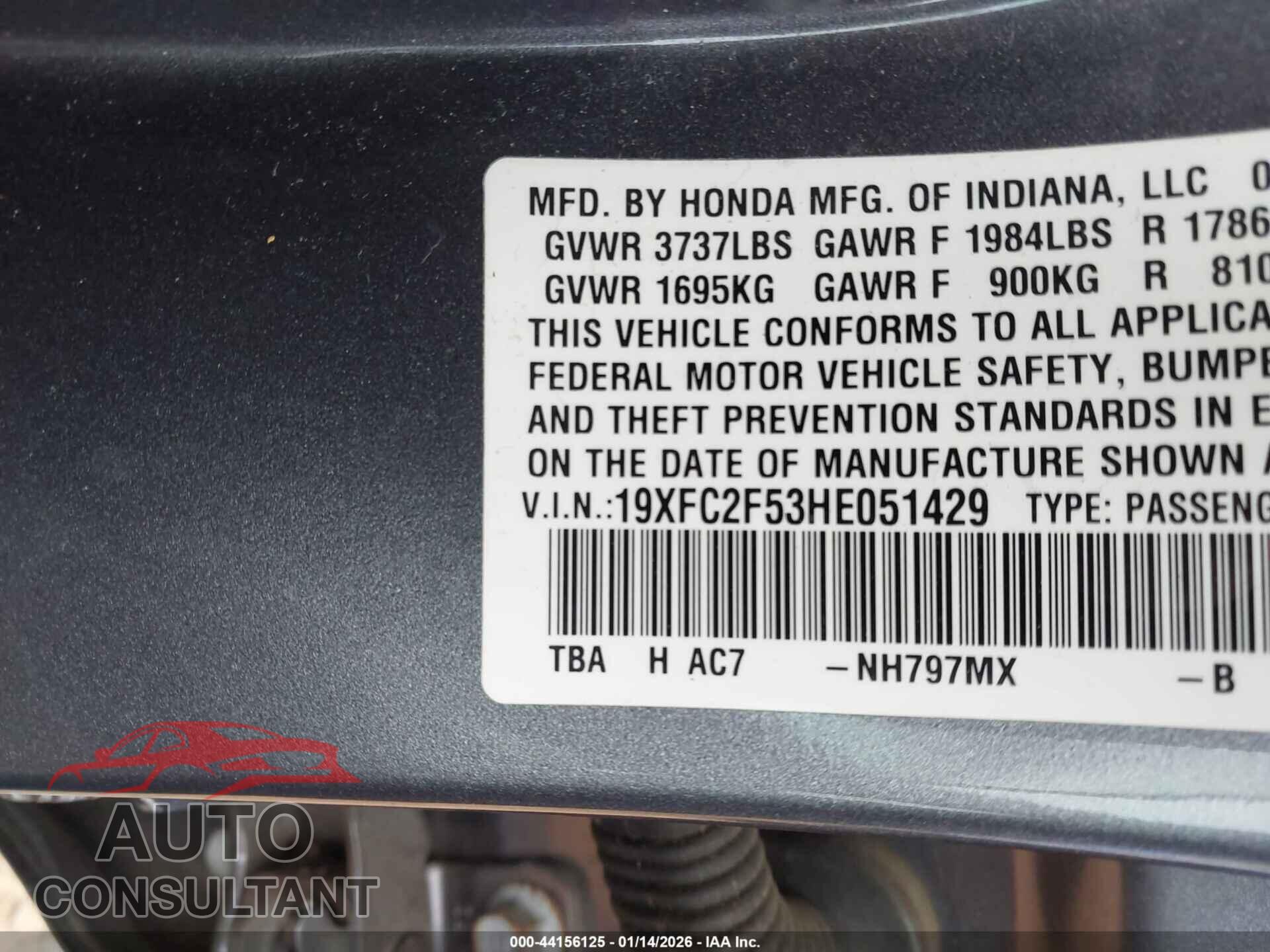 HONDA CIVIC 2017 - 19XFC2F53HE051429