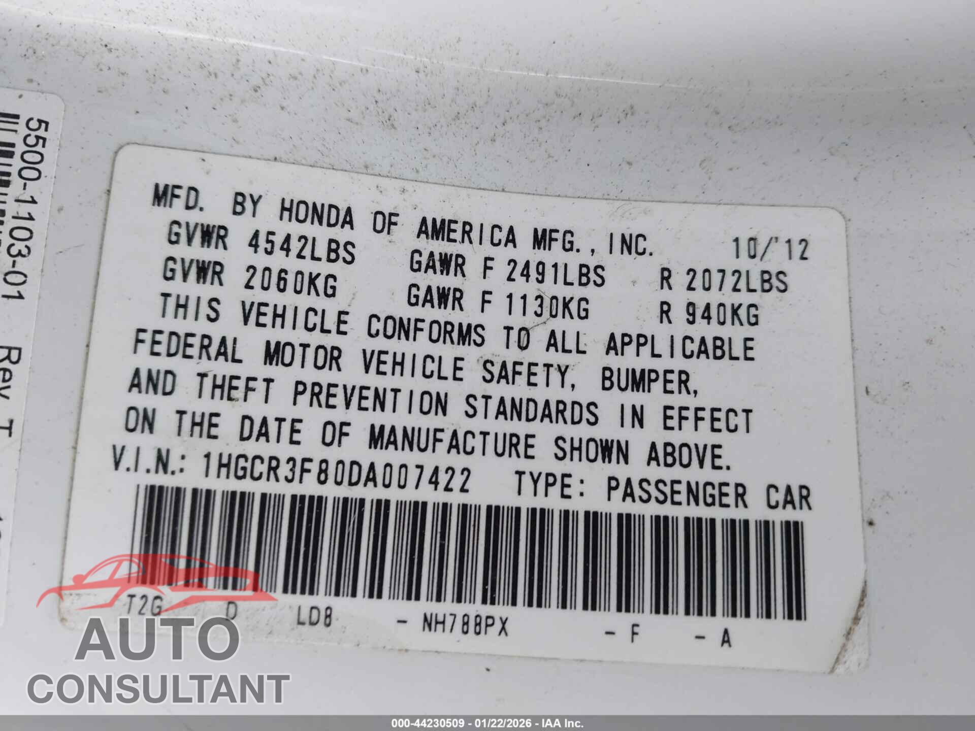 HONDA ACCORD 2013 - 1HGCR3F80DA007422
