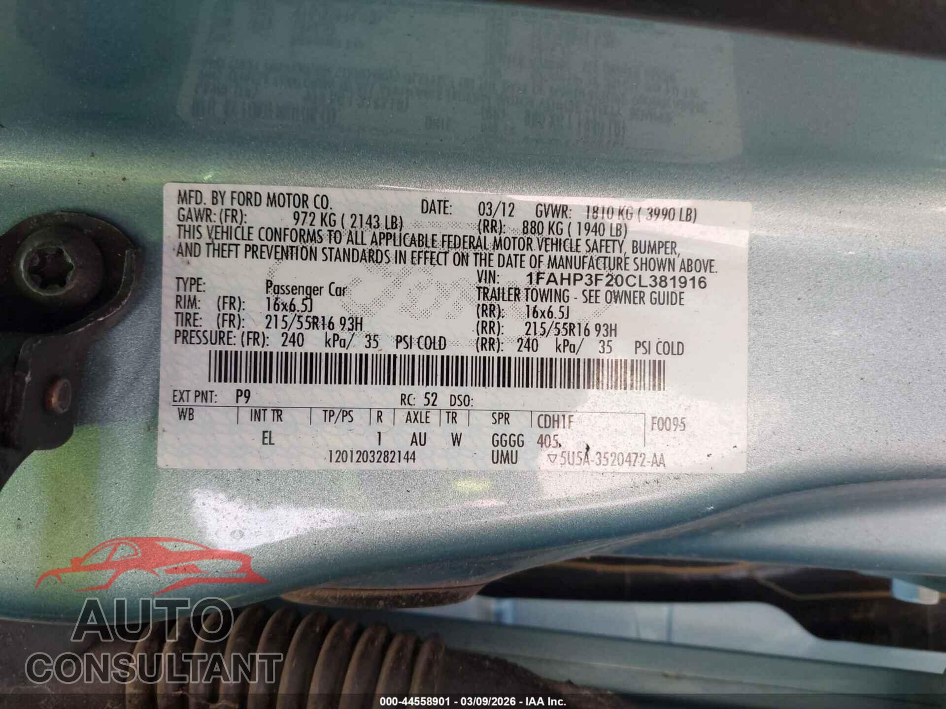 FORD FOCUS 2012 - 1FAHP3F20CL381916
