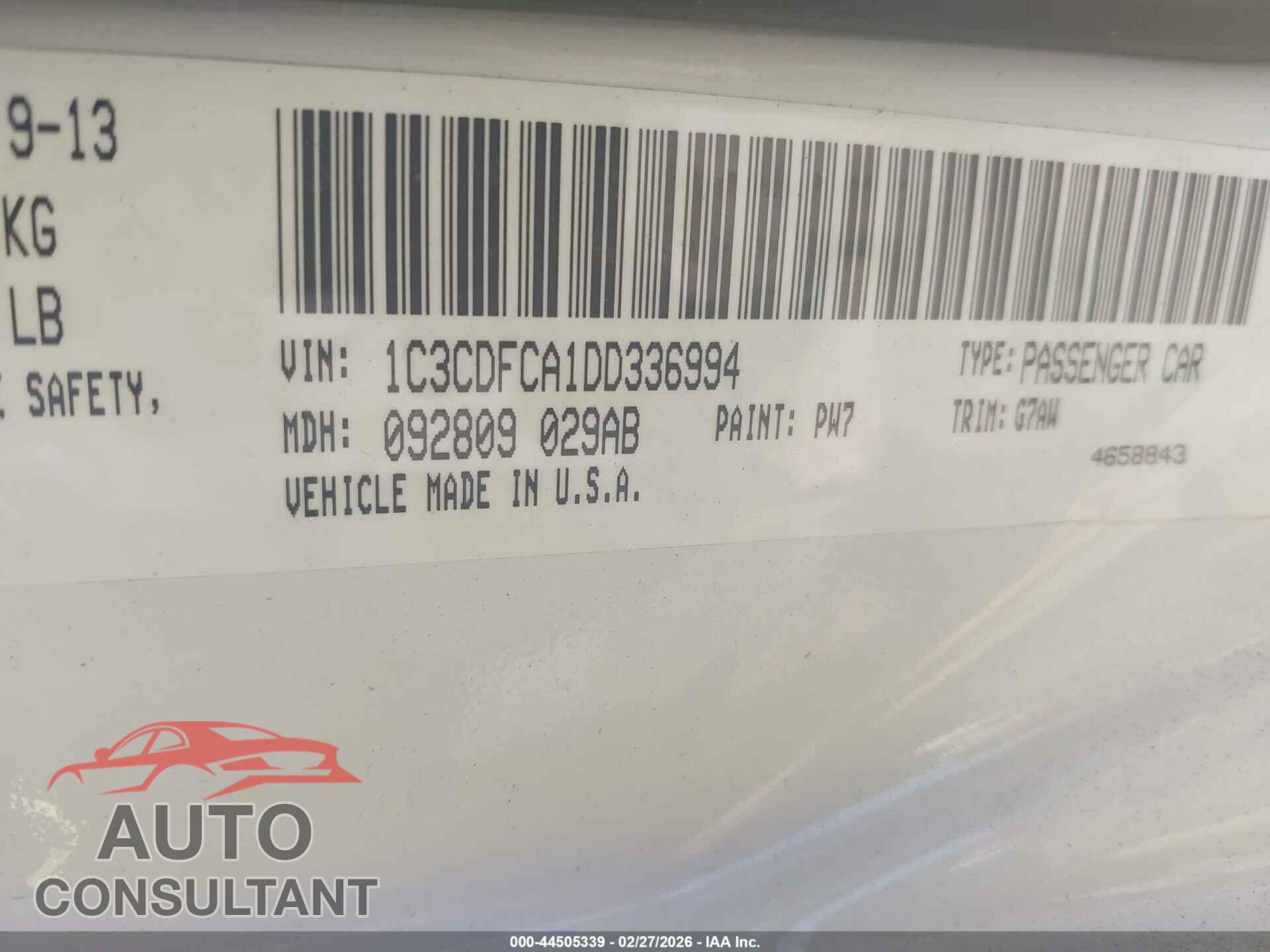 DODGE DART 2013 - 1C3CDFCA1DD336994