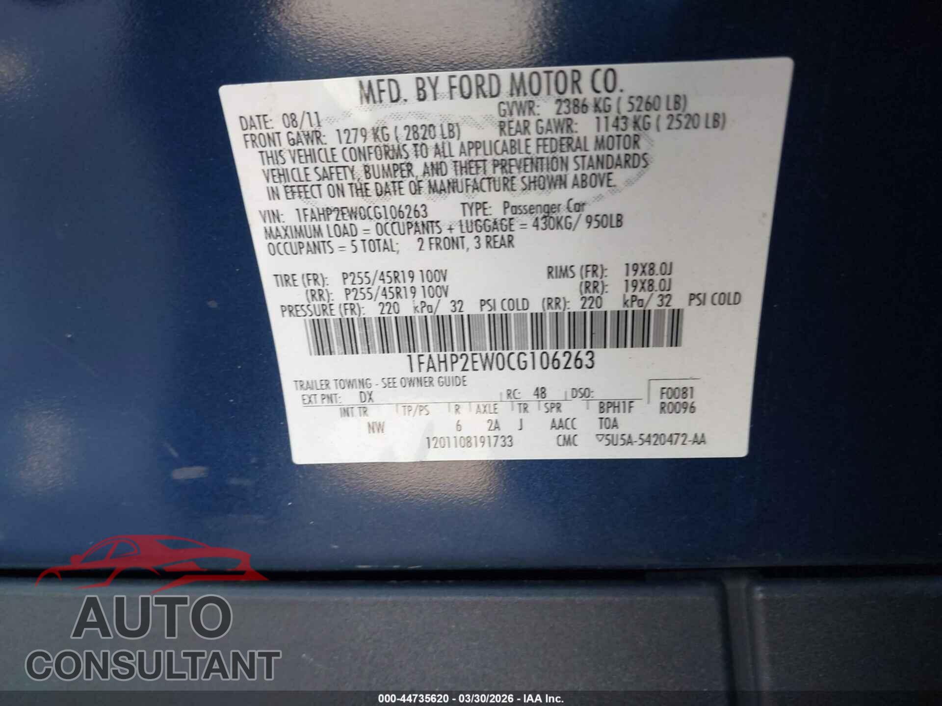 FORD TAURUS 2012 - 1FAHP2EW0CG106263