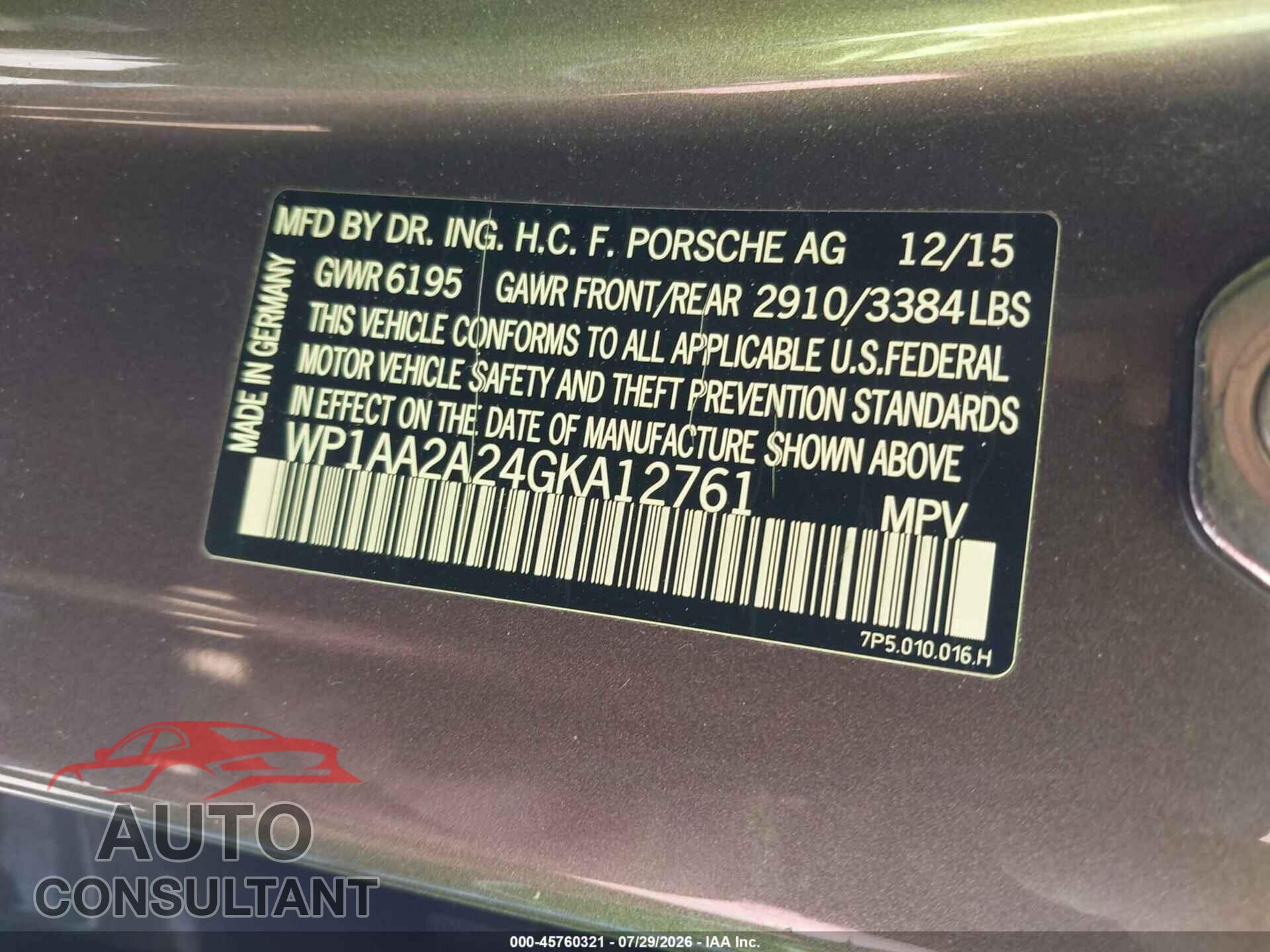PORSCHE CAYENNE 2016 - WP1AA2A24GKA12761
