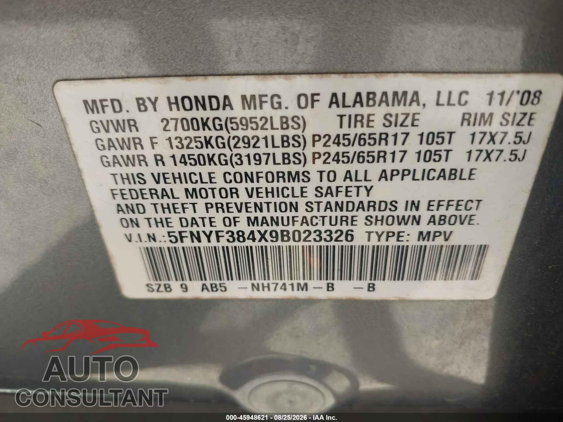 HONDA PILOT 2009 - 5FNYF384X9B023326