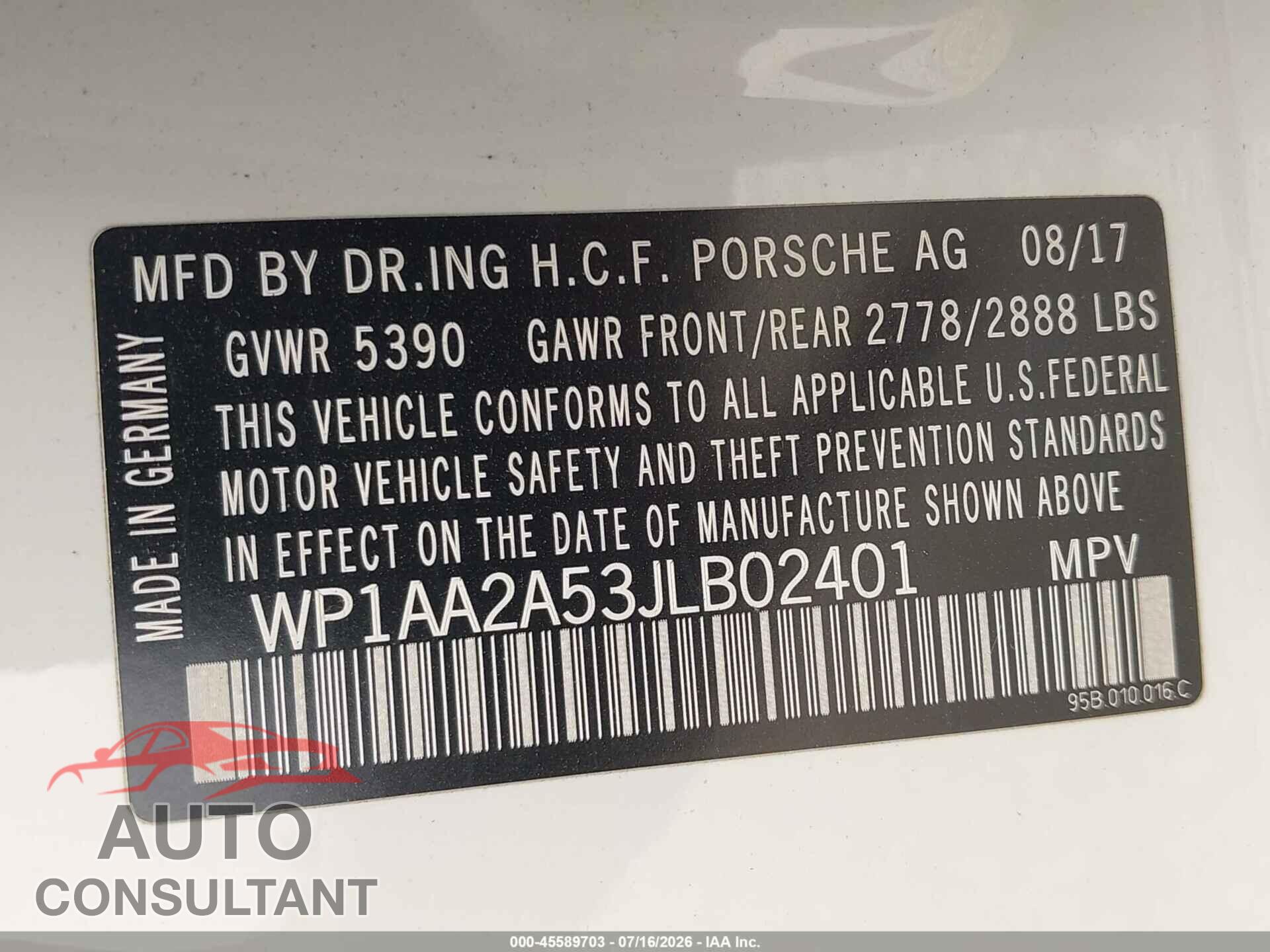 PORSCHE MACAN 2018 - WP1AA2A53JLB02401