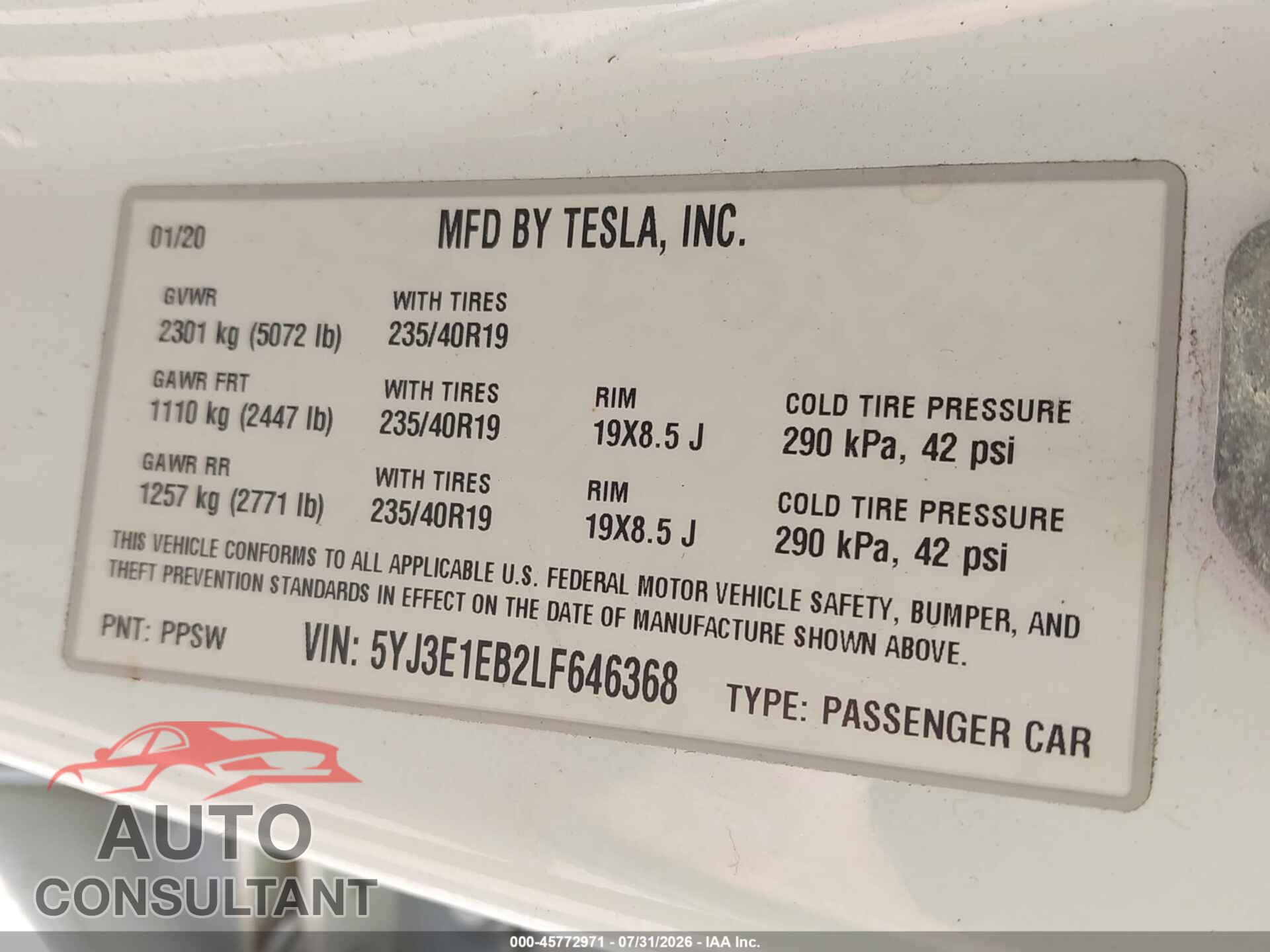 TESLA MODEL 3 2020 - 5YJ3E1EB2LF646368