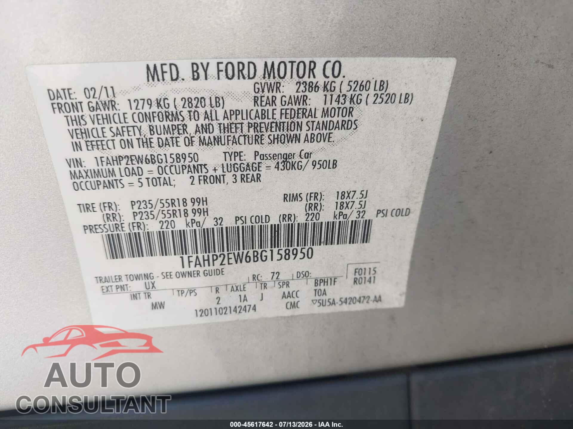 FORD TAURUS 2011 - 1FAHP2EW6BG158950
