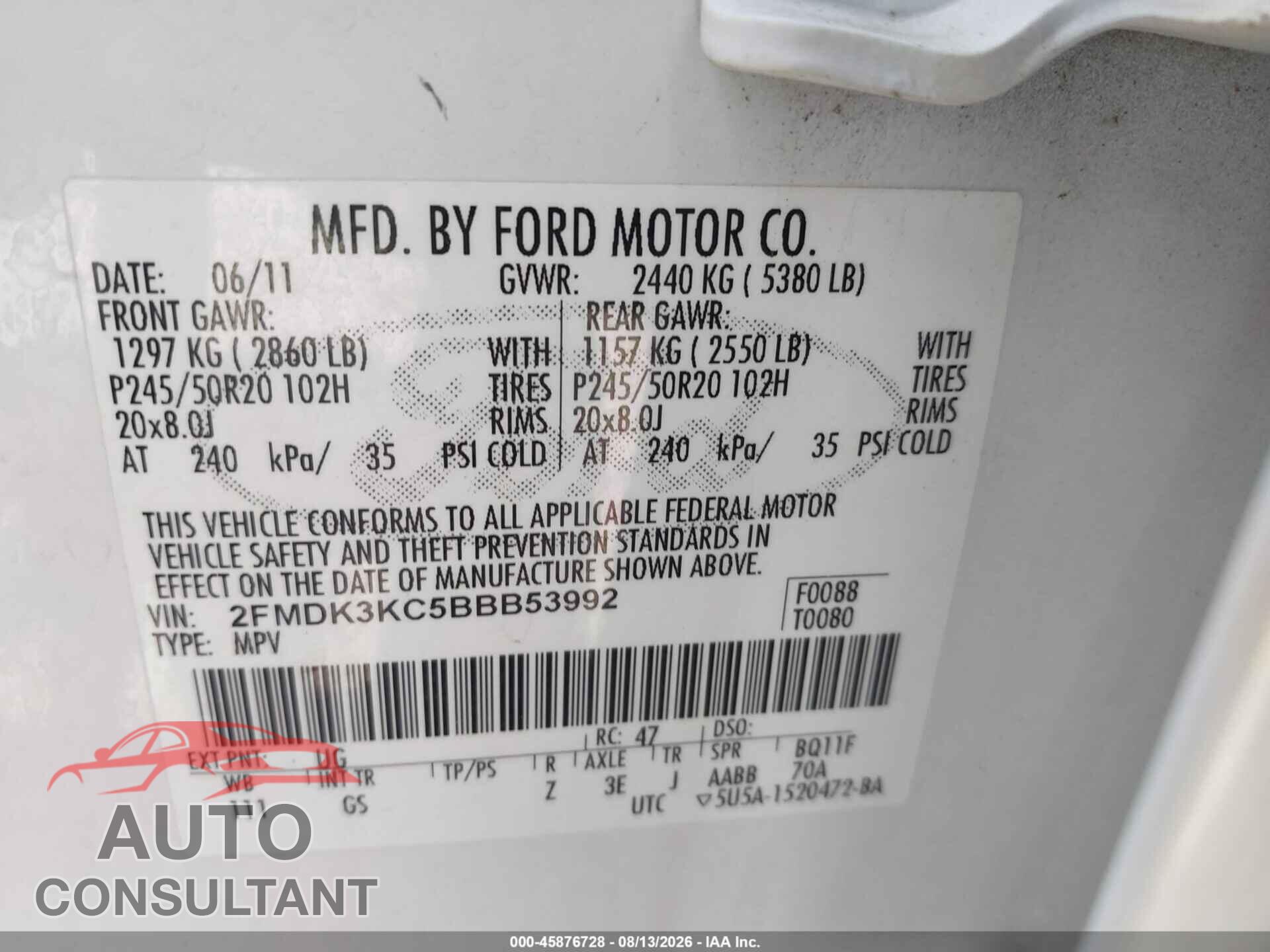 FORD EDGE 2011 - 2FMDK3KC5BBB53992
