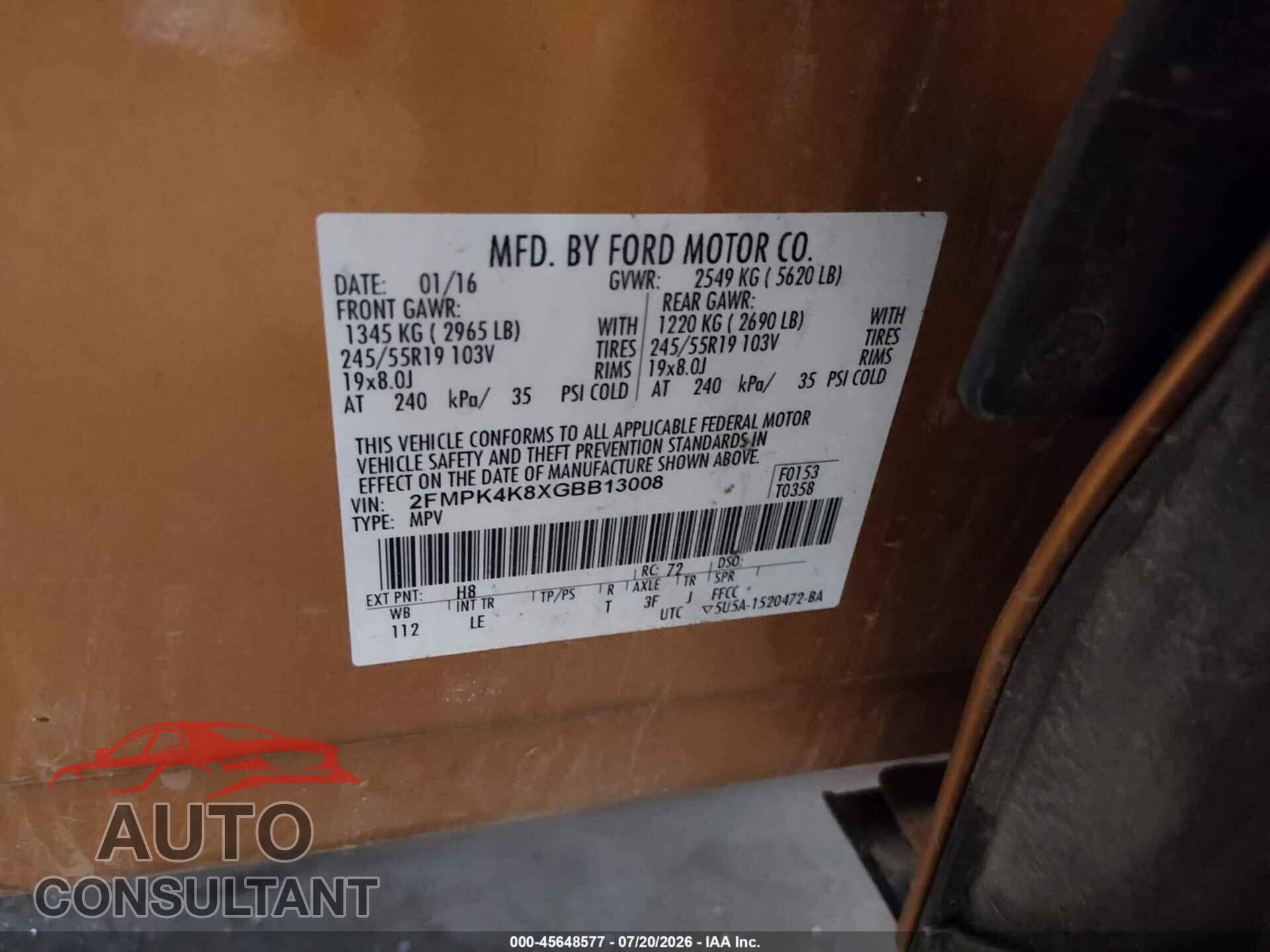 FORD EDGE 2016 - 2FMPK4K8XGBB13008