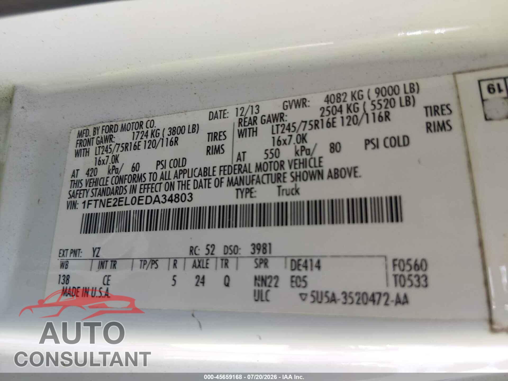 FORD E-250 2014 - 1FTNE2EL0EDA34803