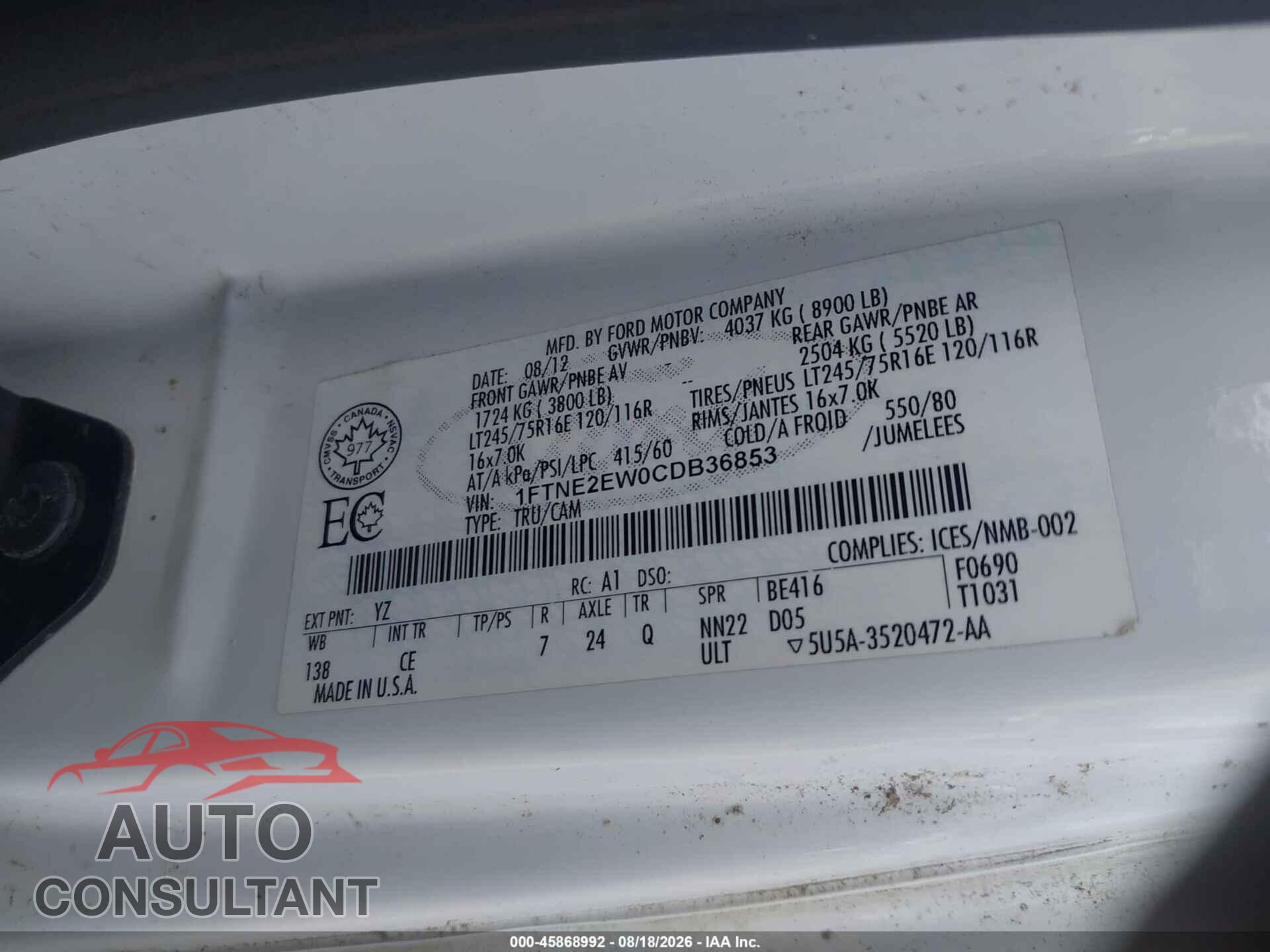 FORD E-250 2012 - 1FTNE2EW0CDB36853