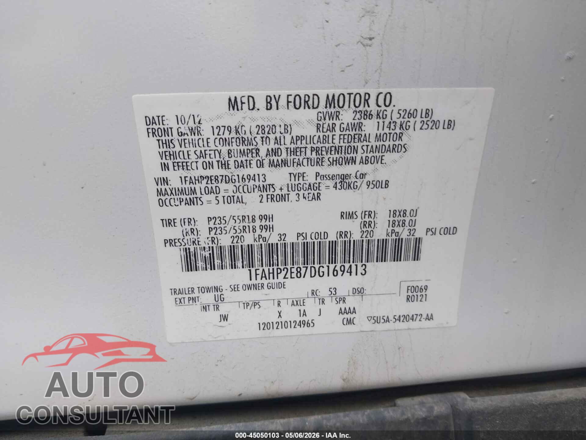 FORD TAURUS 2013 - 1FAHP2E87DG169413