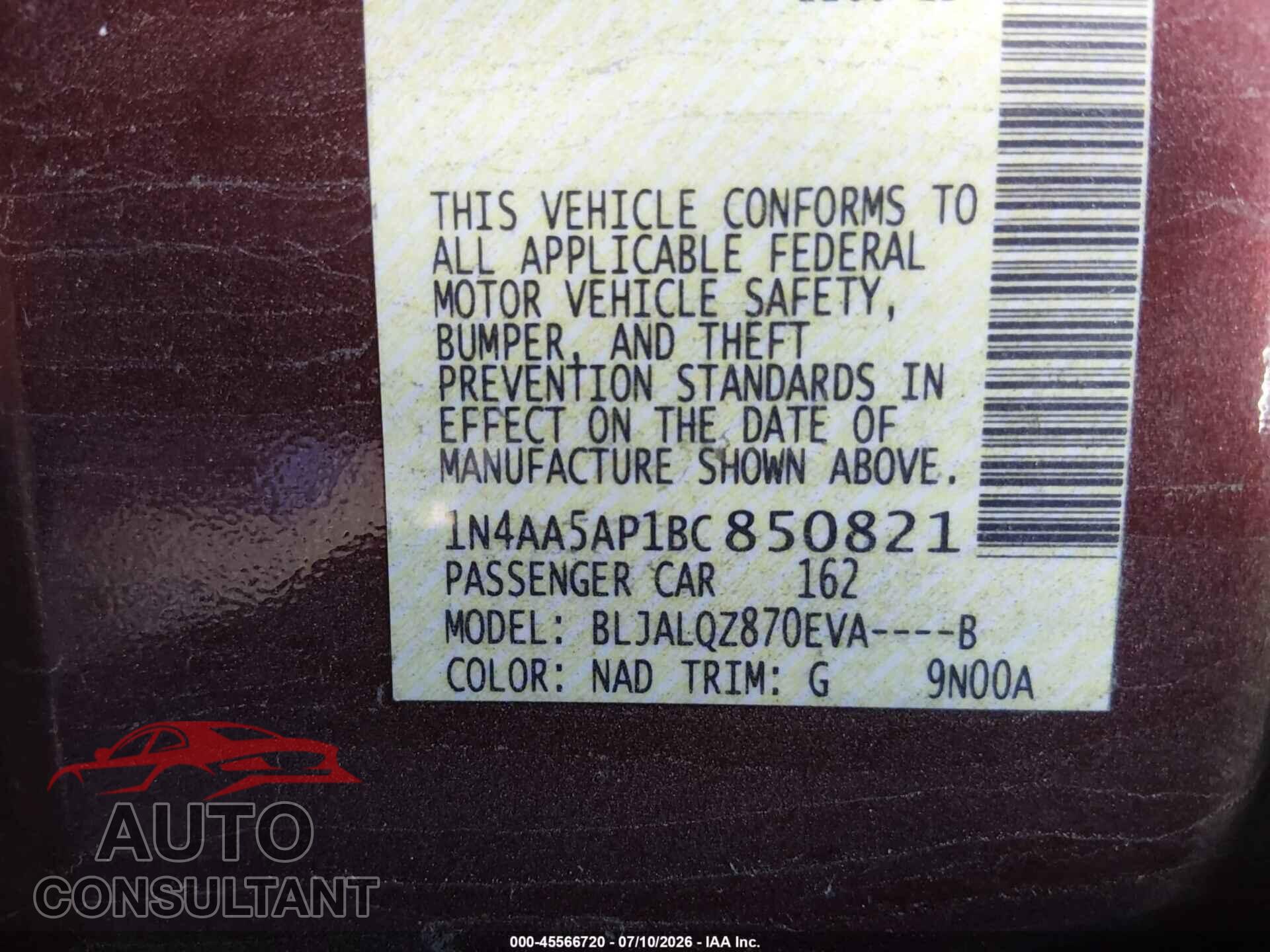 NISSAN MAXIMA 2011 - 1N4AA5AP1BC850821