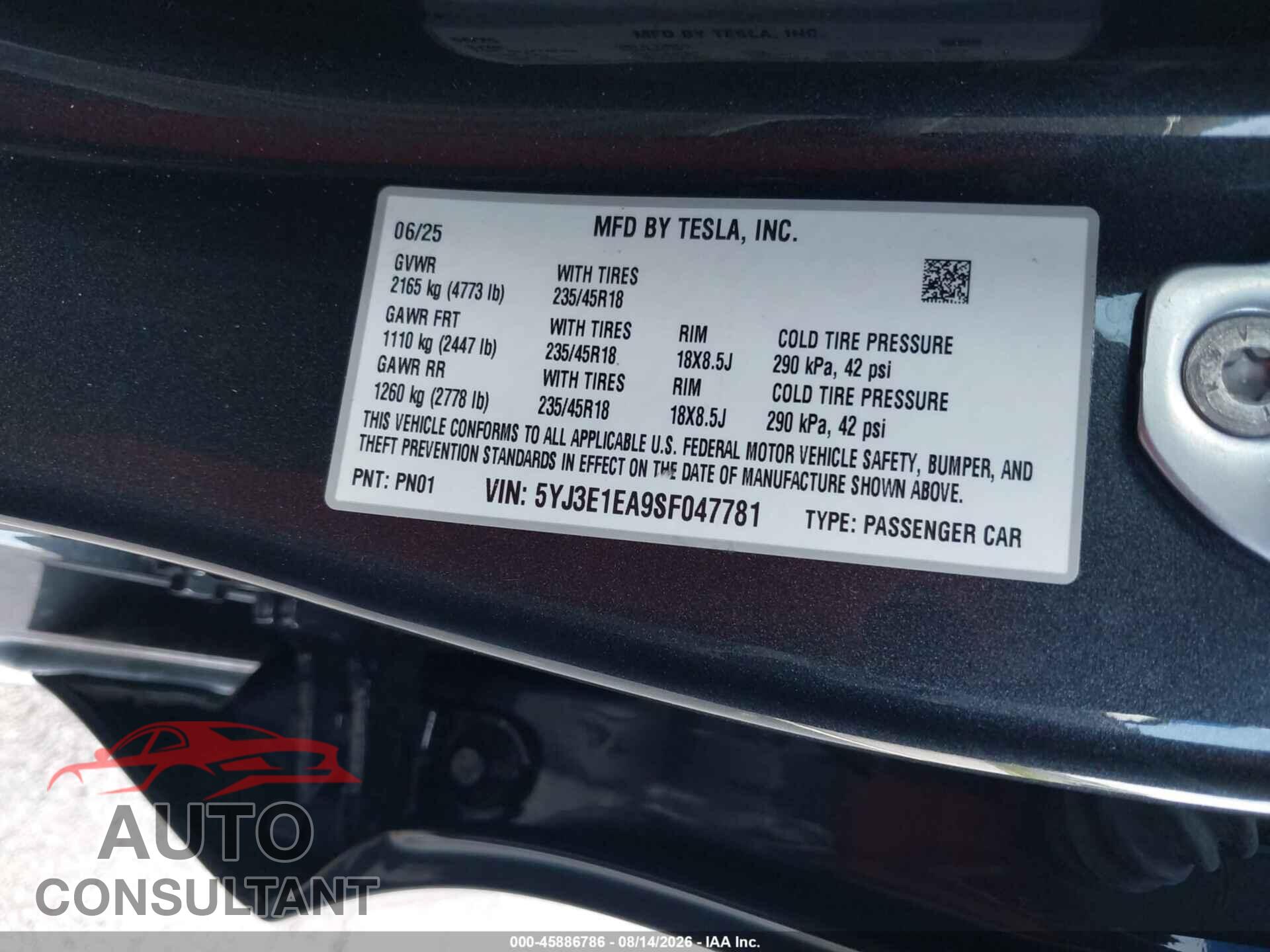 TESLA MODEL 3 2025 - 5YJ3E1EA9SF047781