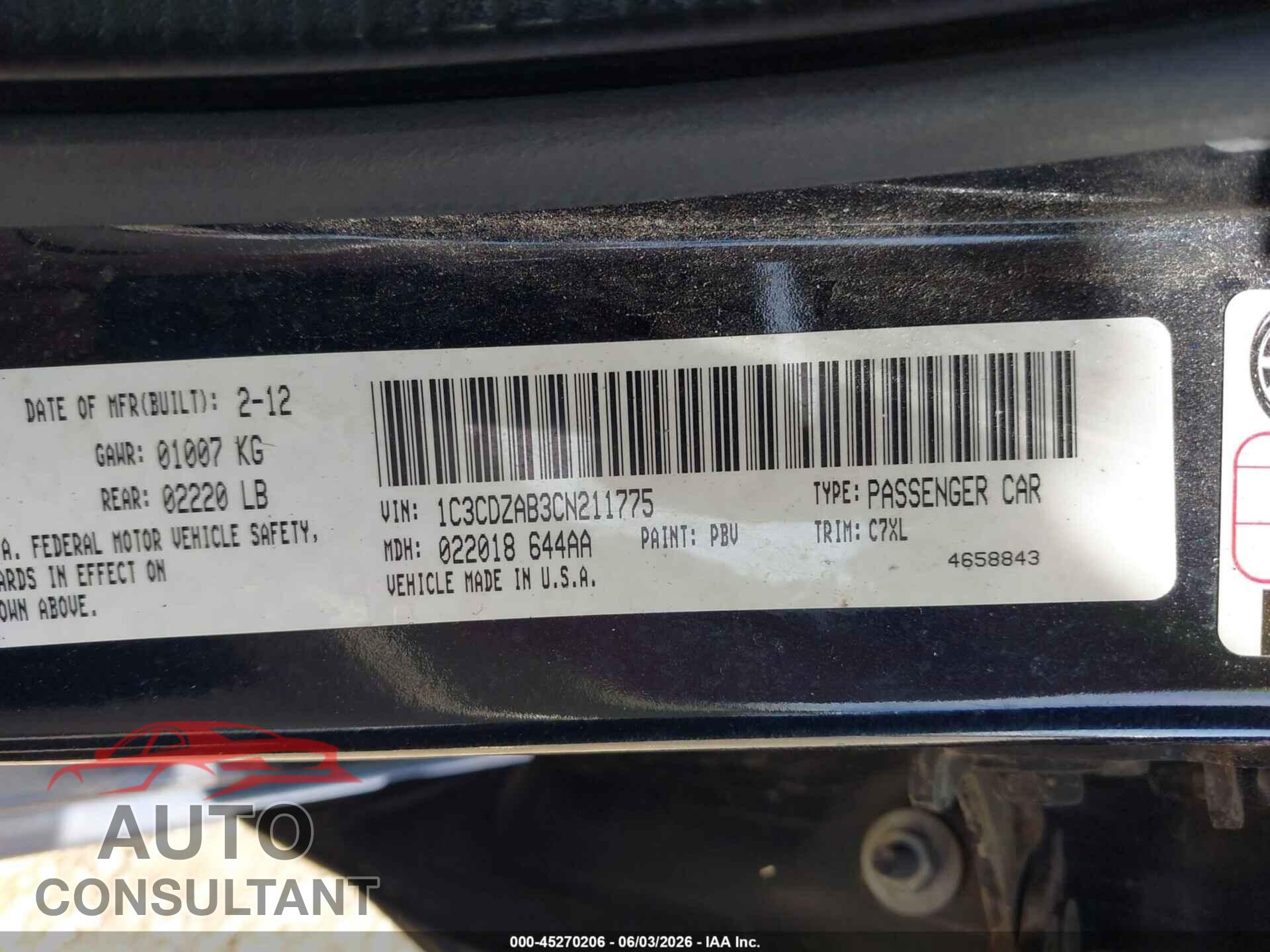 DODGE AVENGER 2012 - 1C3CDZAB3CN211775