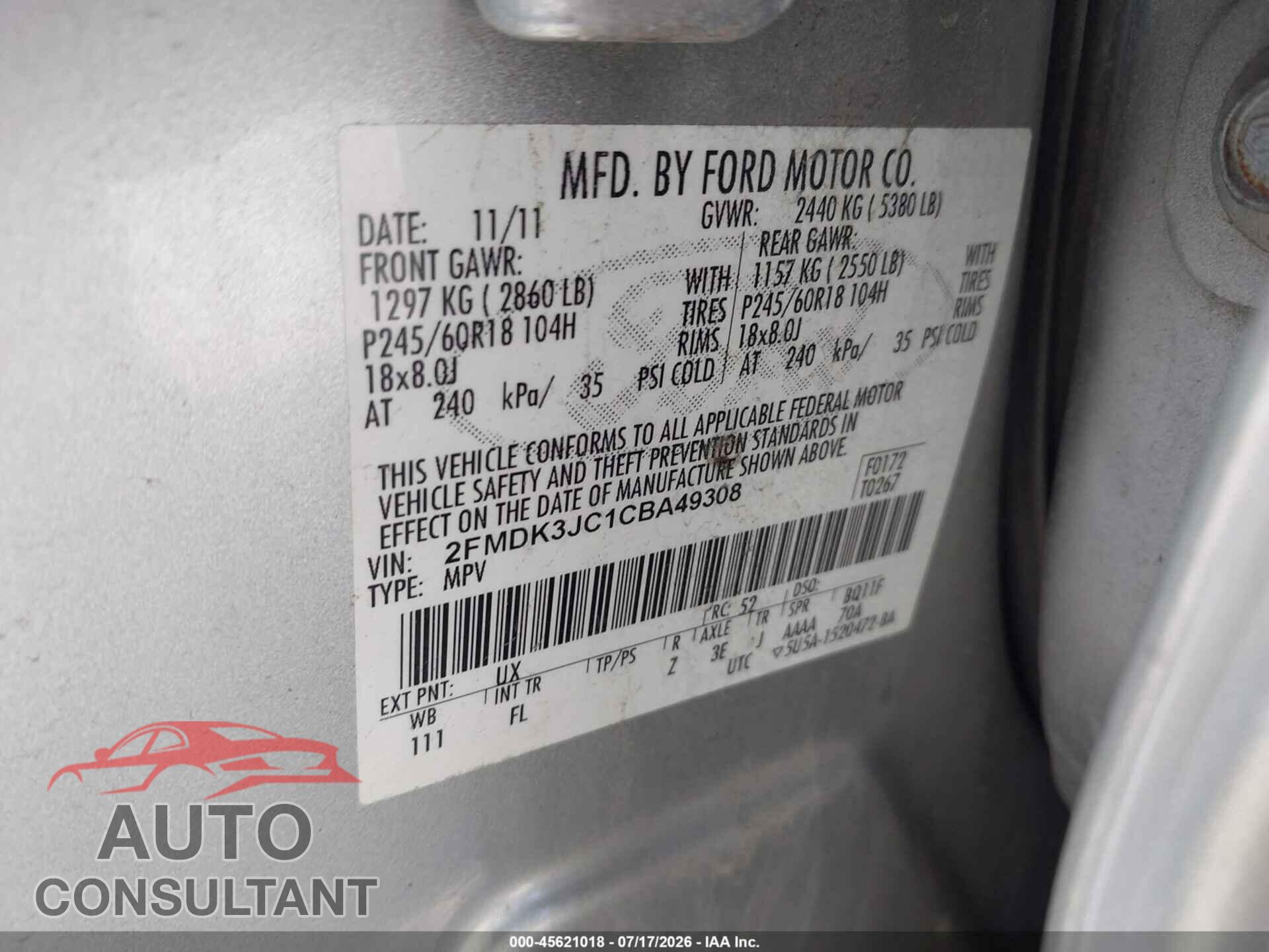 FORD EDGE 2012 - 2FMDK3JC1CBA49308