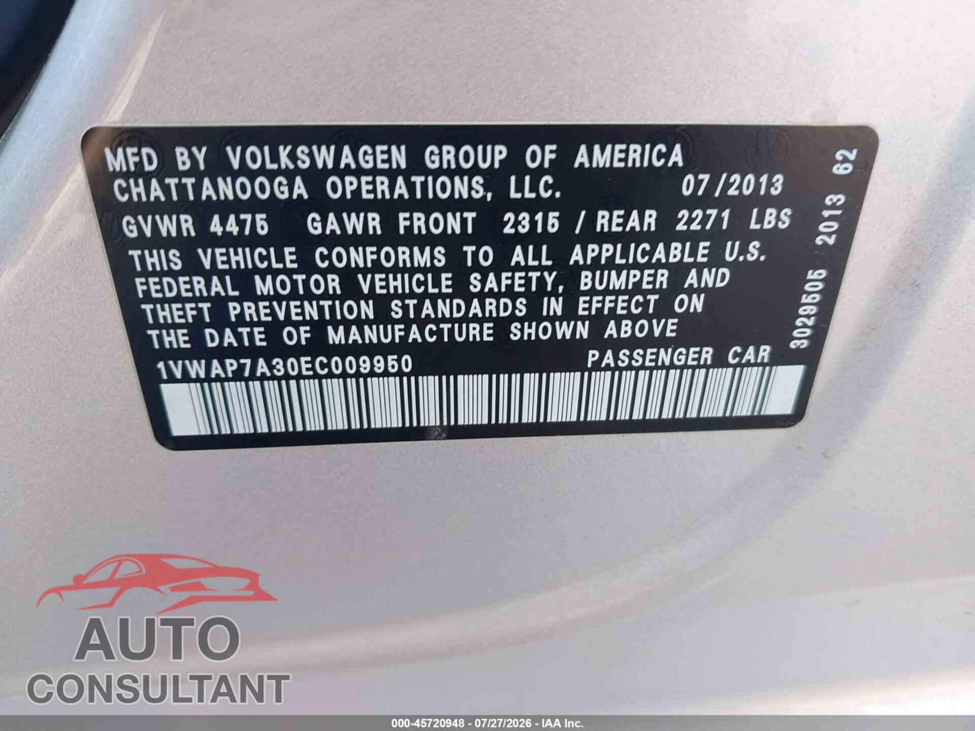 VOLKSWAGEN PASSAT 2014 - 1VWAP7A30EC009950