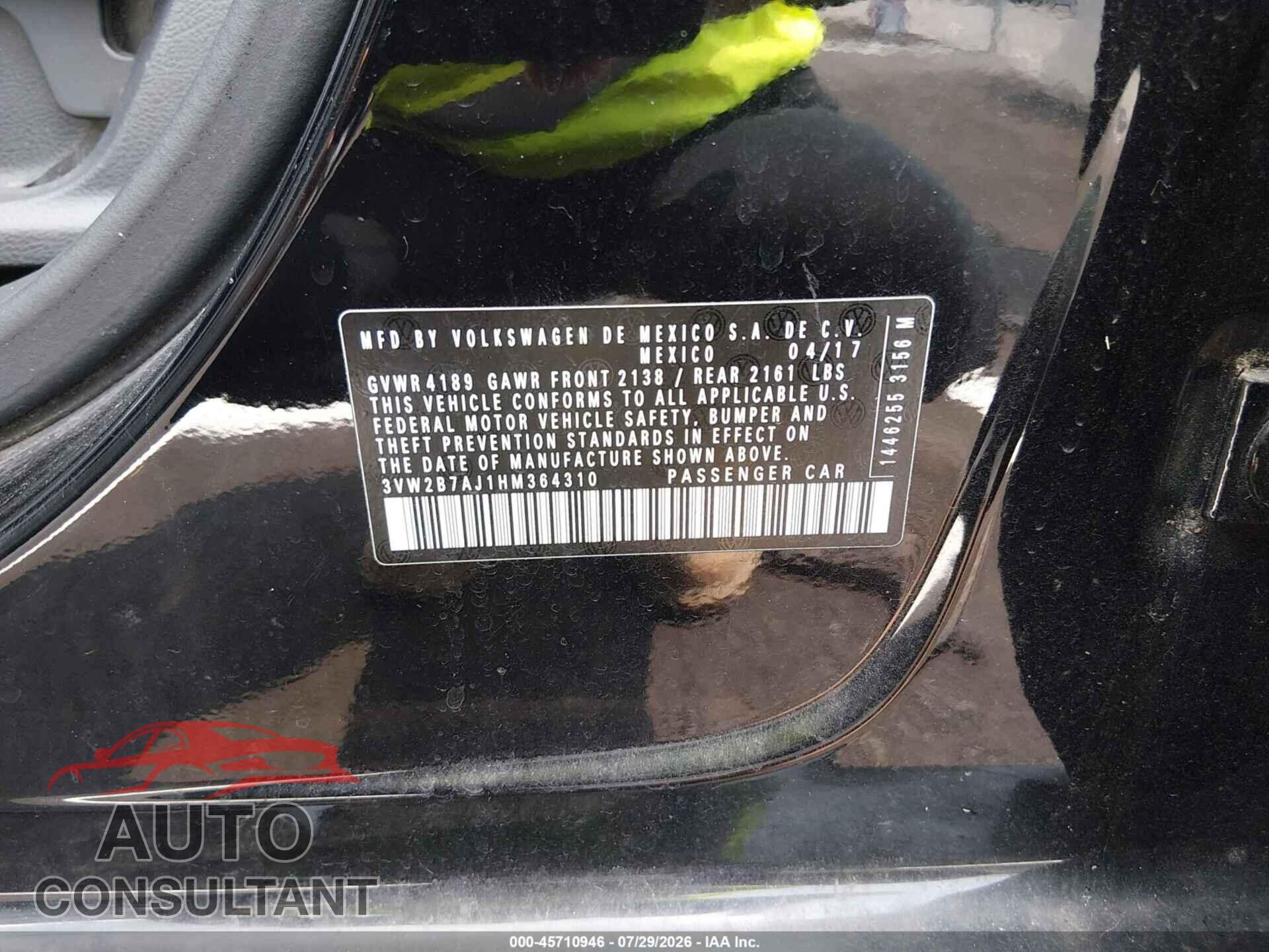 VOLKSWAGEN JETTA 2017 - 3VW2B7AJ1HM364310