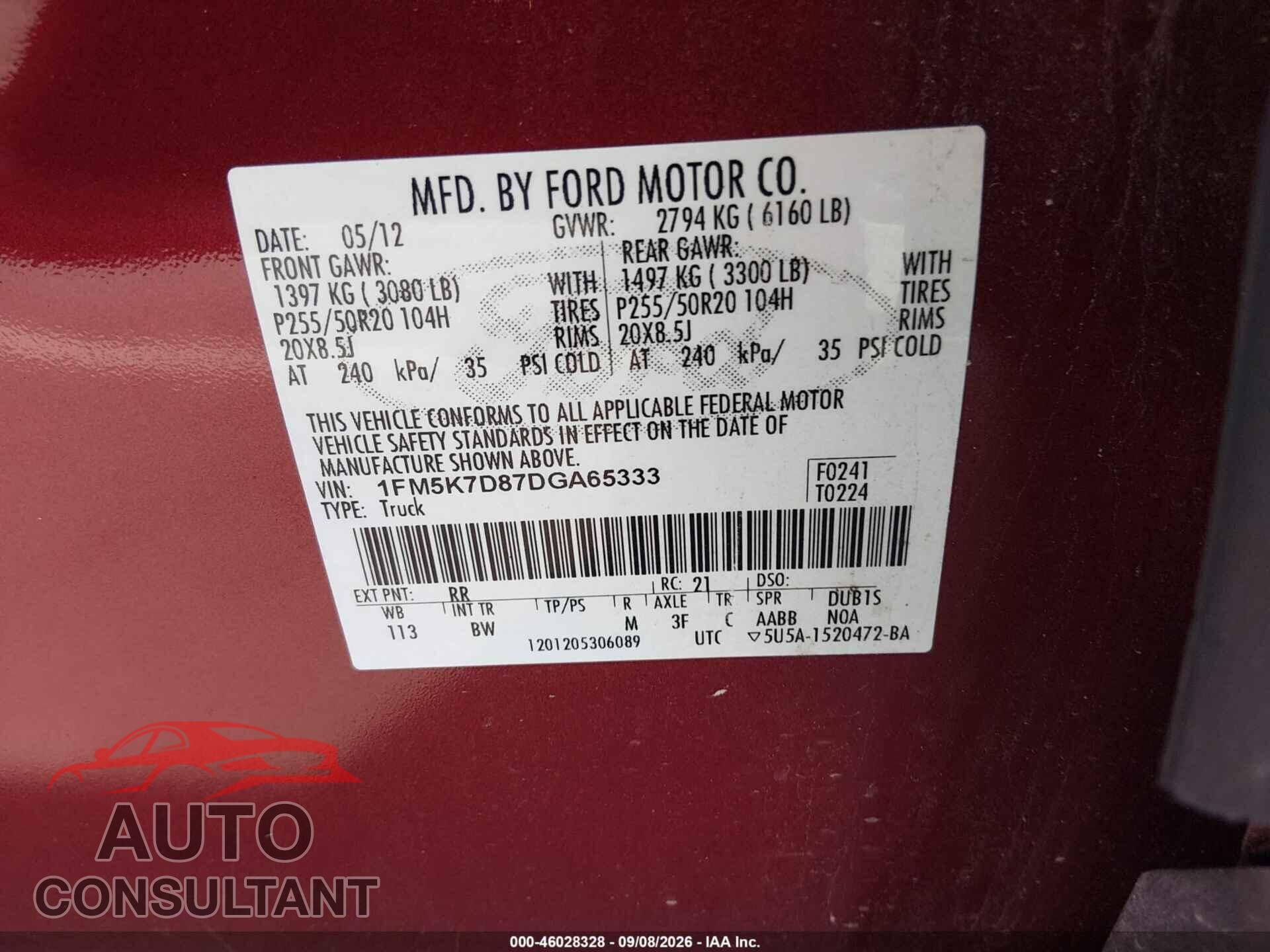 FORD EXPLORER 2013 - 1FM5K7D87DGA65333