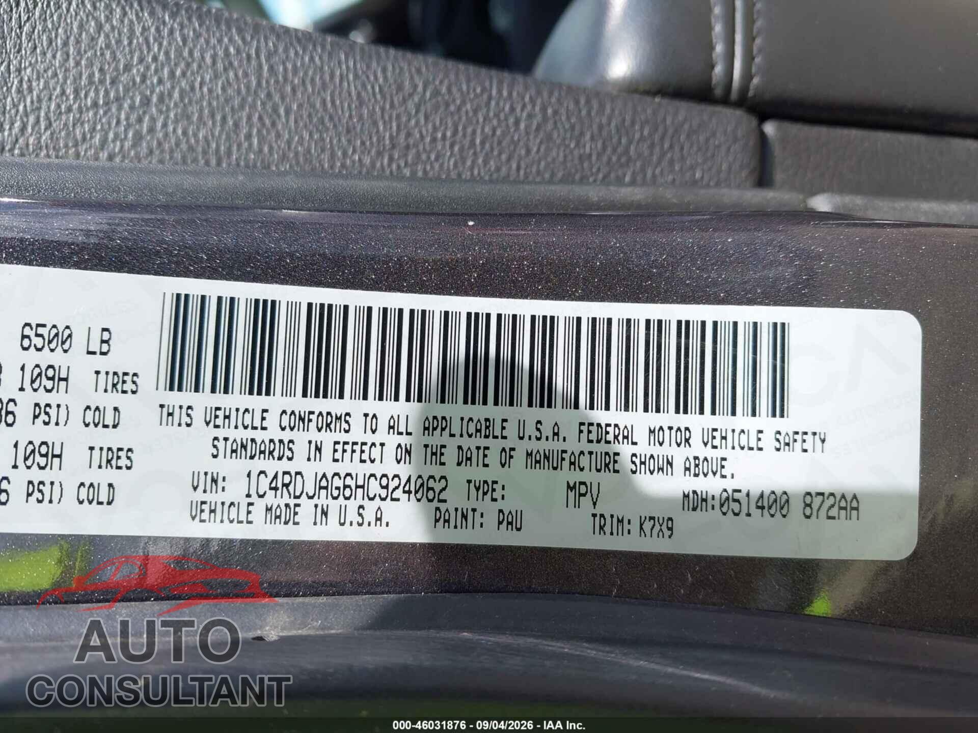 DODGE DURANGO 2017 - 1C4RDJAG6HC924062