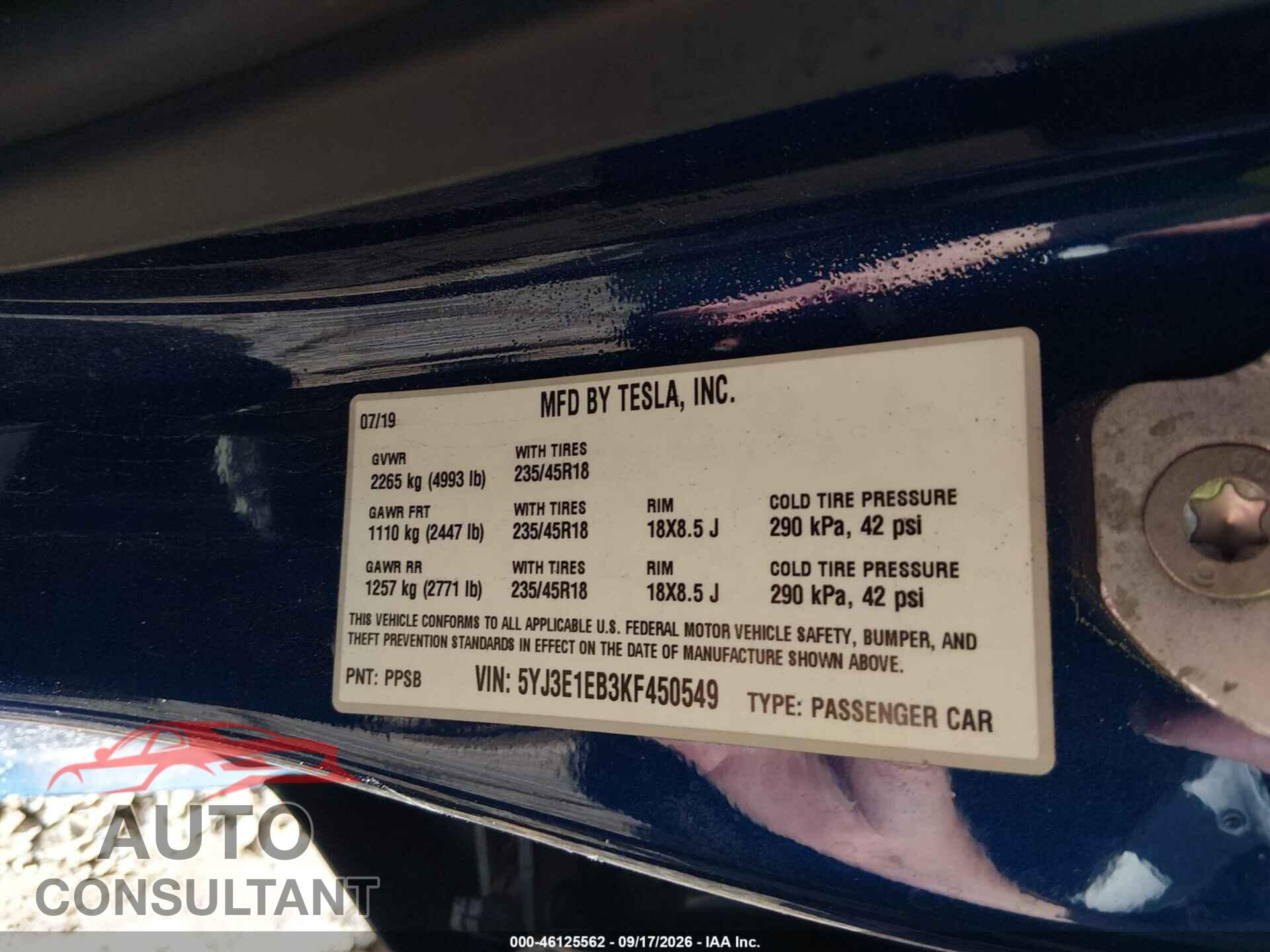 TESLA MODEL 3 2019 - 5YJ3E1EB3KF450549