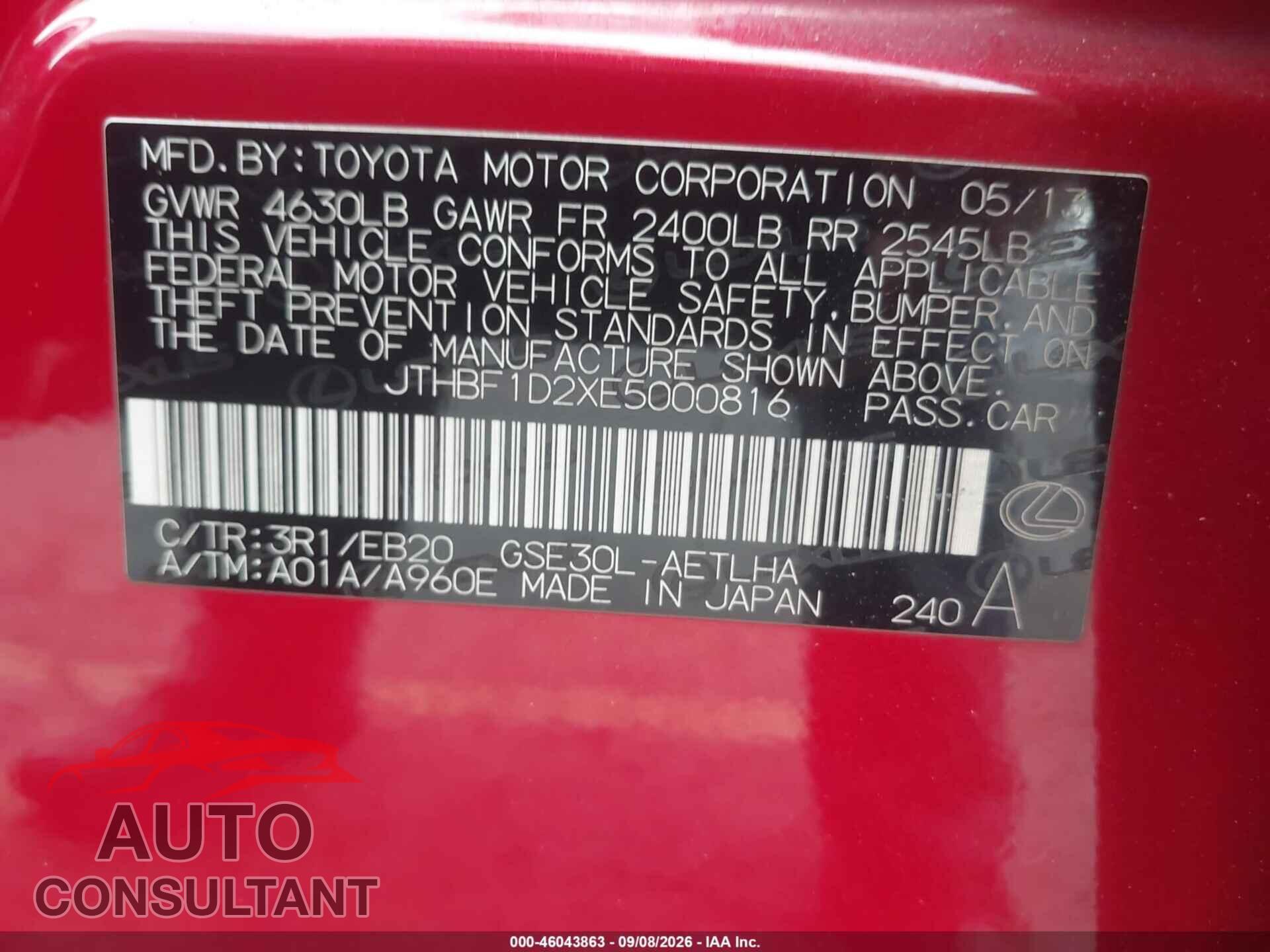 LEXUS IS 250 2014 - JTHBF1D2XE5000816