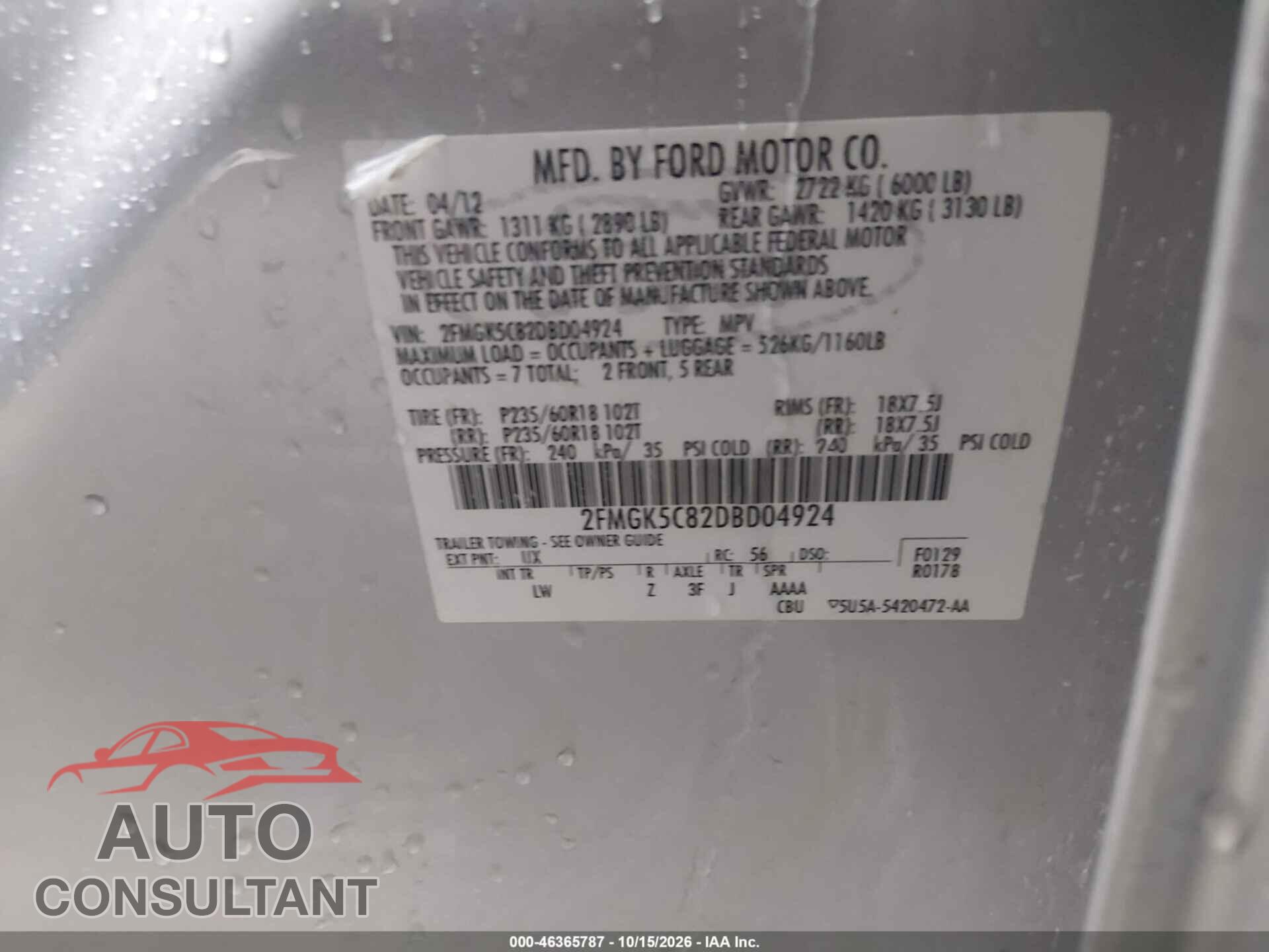 FORD FLEX 2013 - 2FMGK5C82DBD04924