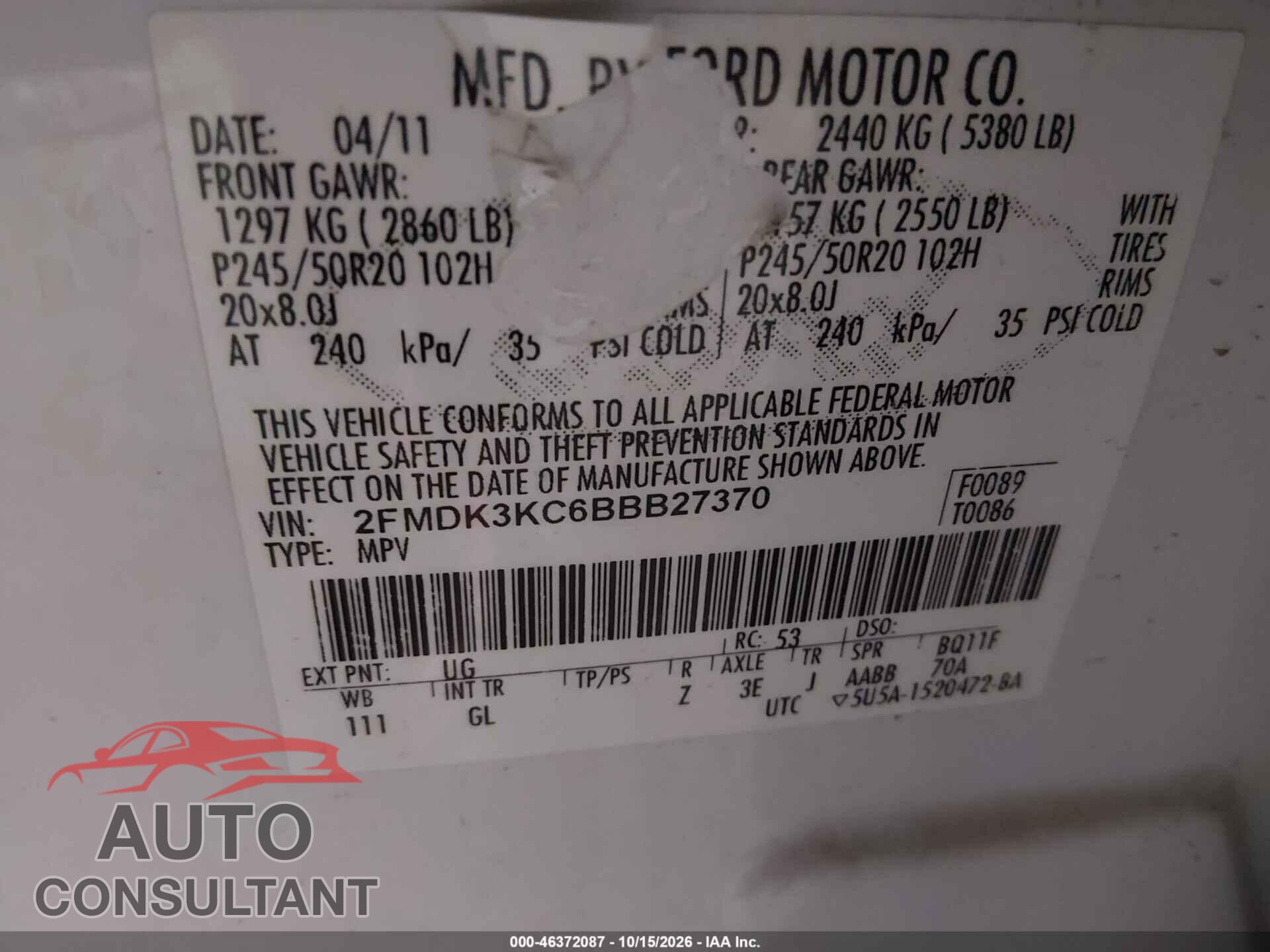 FORD EDGE 2011 - 2FMDK3KC6BBB27370