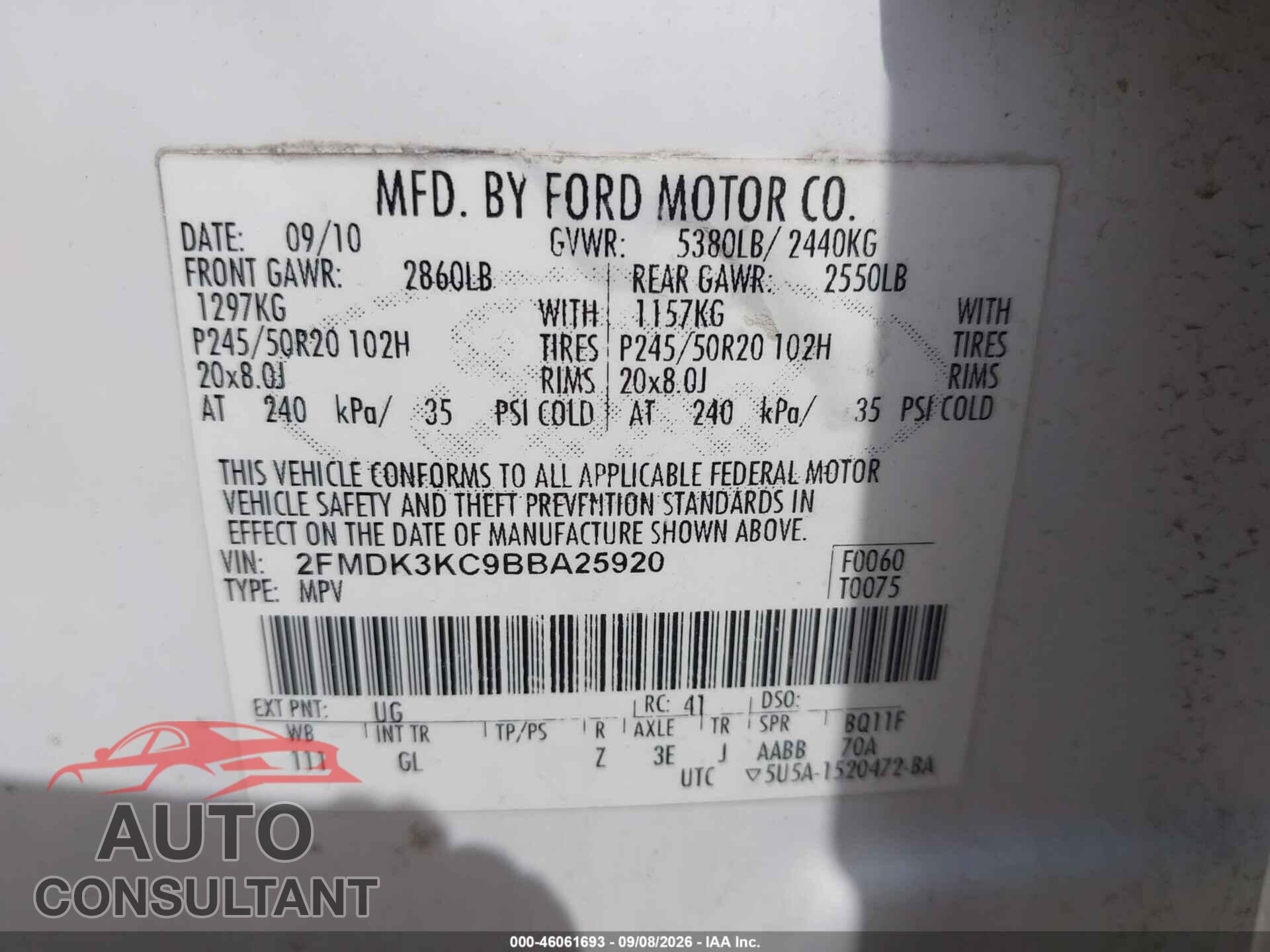 FORD EDGE 2011 - 2FMDK3KC9BBA25920