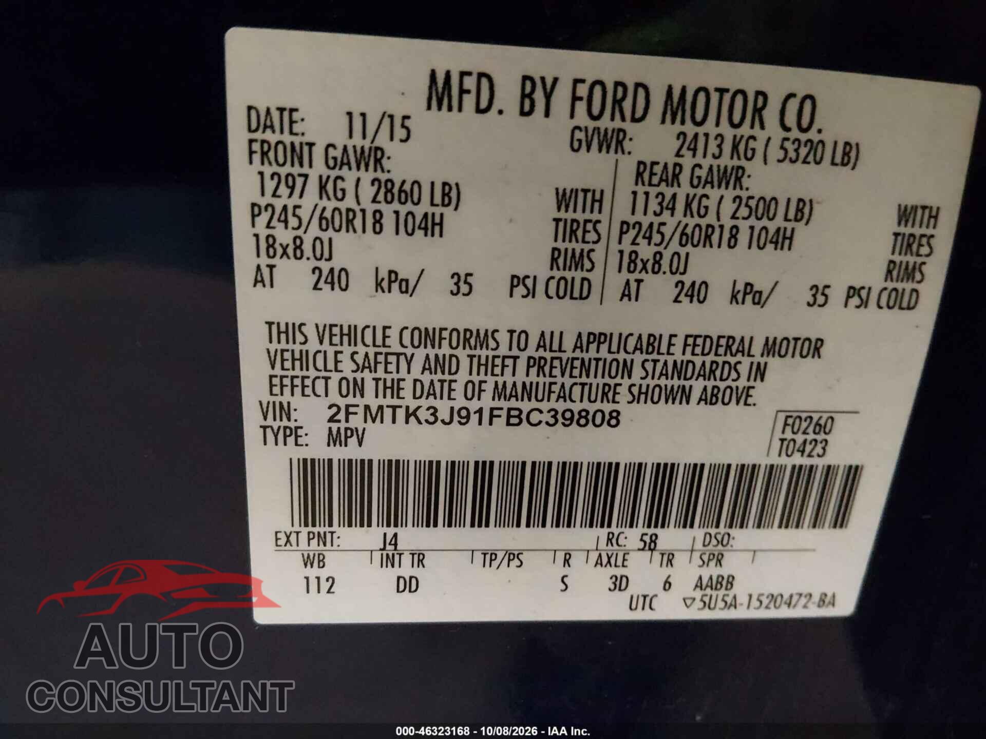 FORD EDGE 2015 - 2FMTK3J91FBC39808