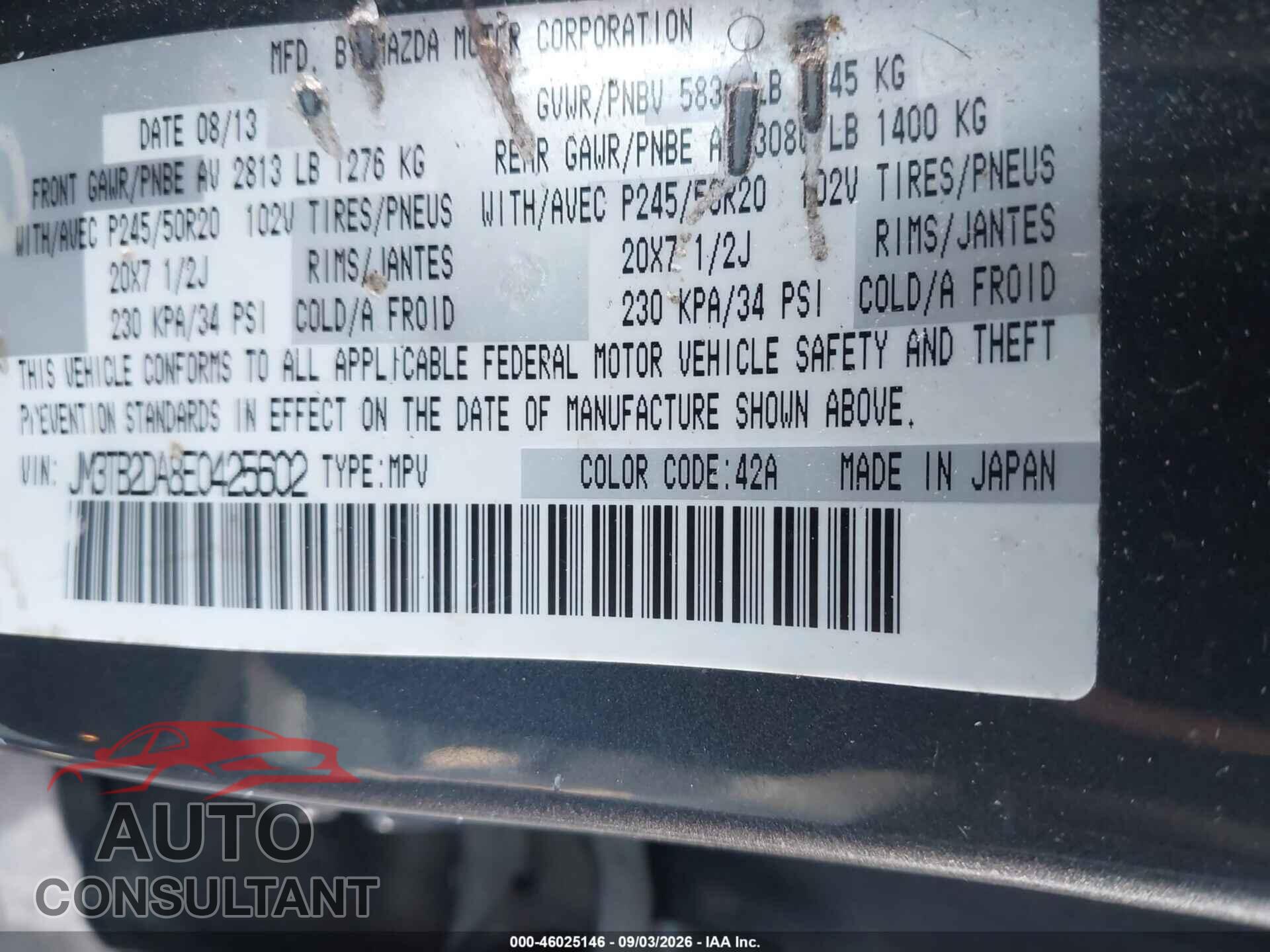MAZDA CX-9 2014 - JM3TB2DA8E0425602