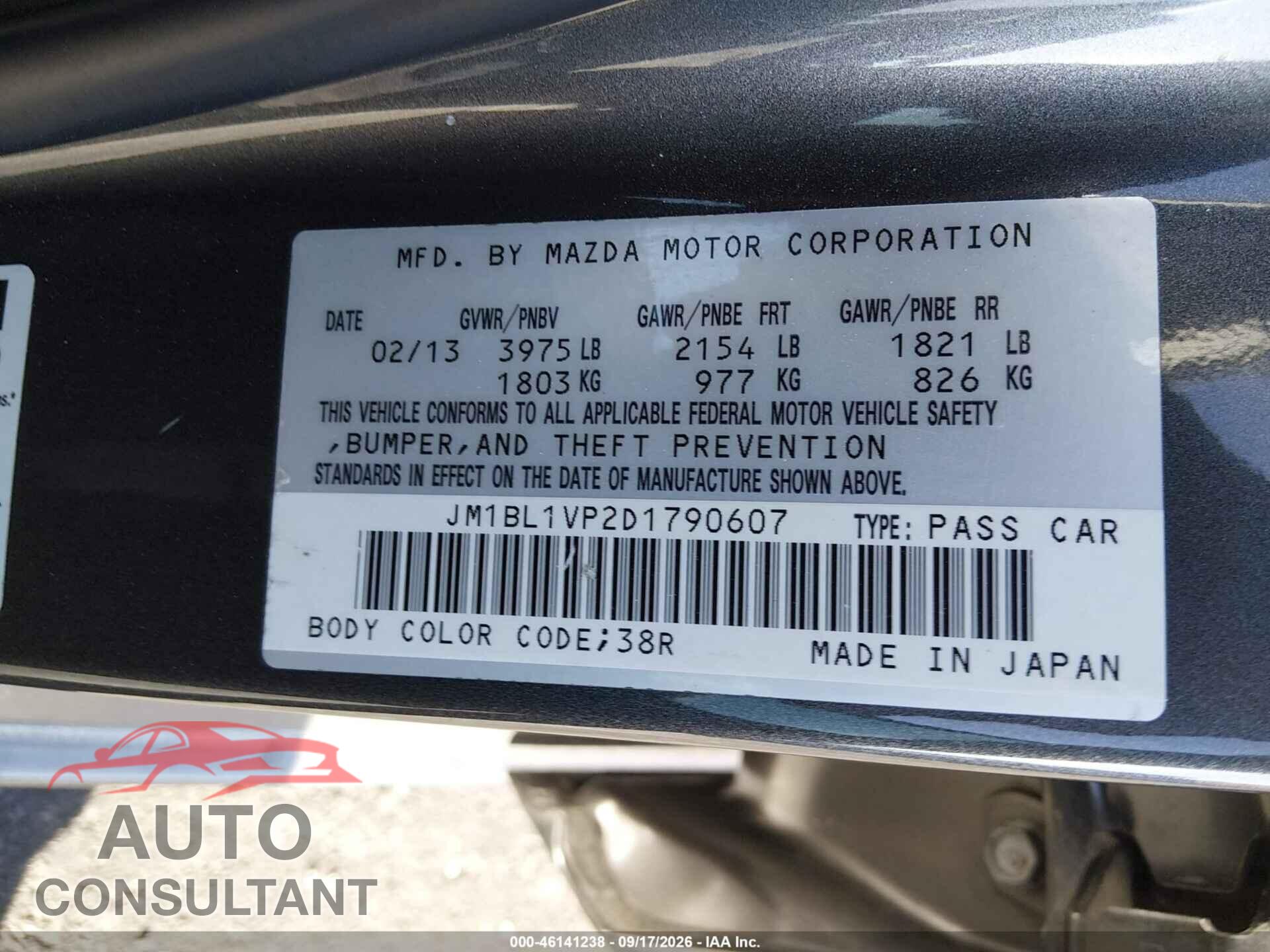 MAZDA MAZDA3 2013 - JM1BL1VP2D1790607