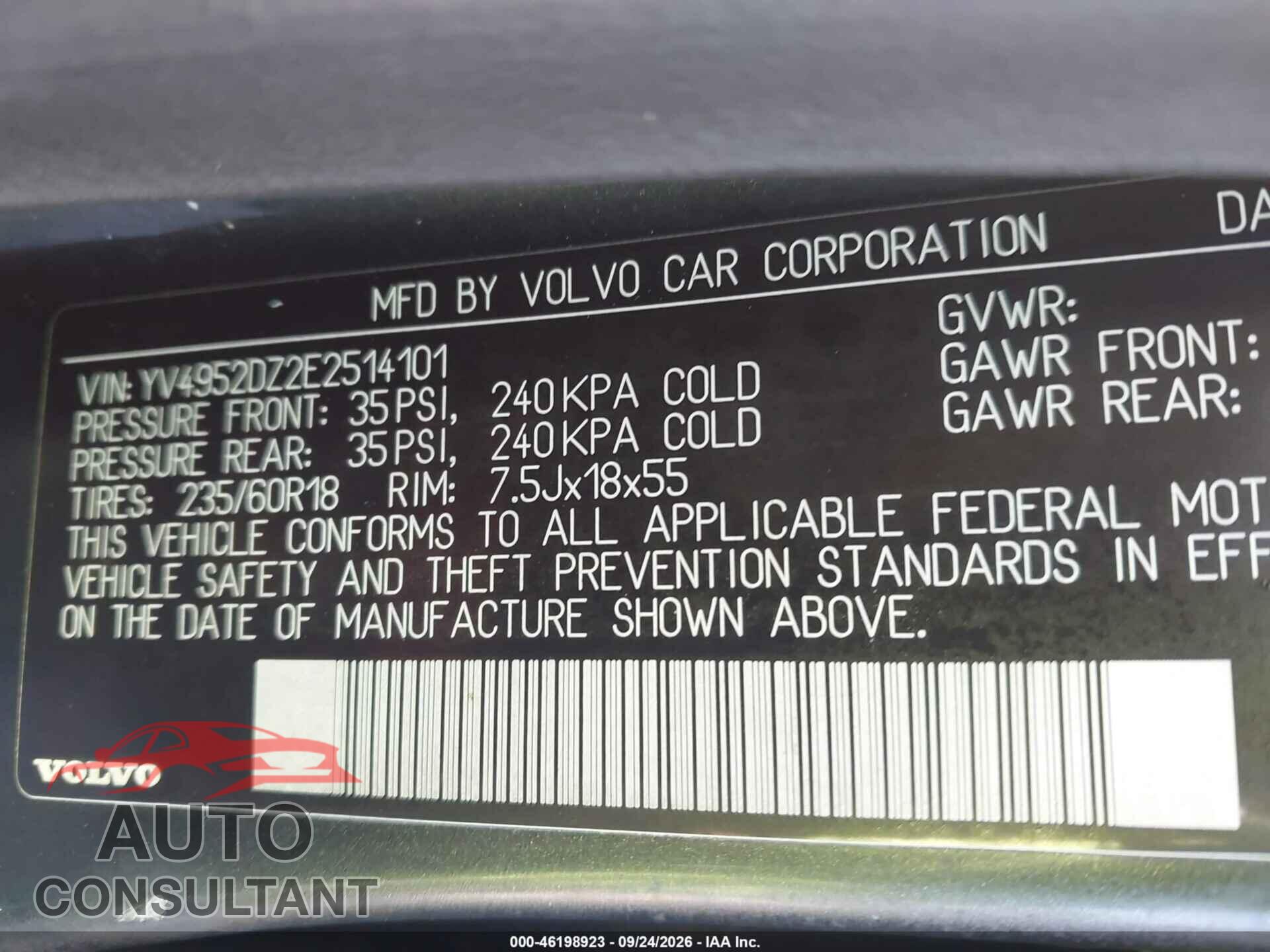 VOLVO XC60 2014 - YV4952DZ2E2514101